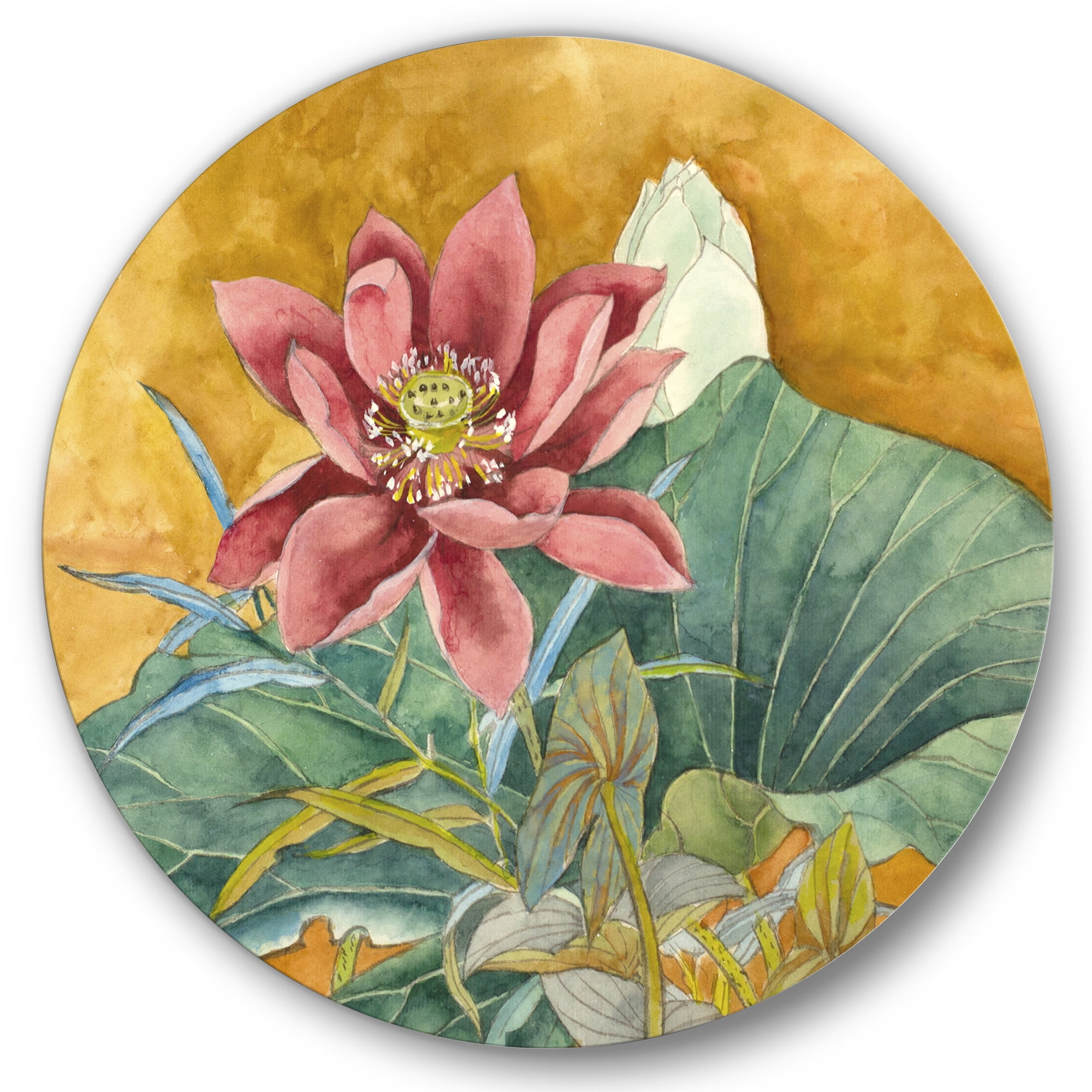 Designart 'Ancient Impression of Pink Lotus' Traditional Circle Metal Wall Art 11x11 - Disc of 11