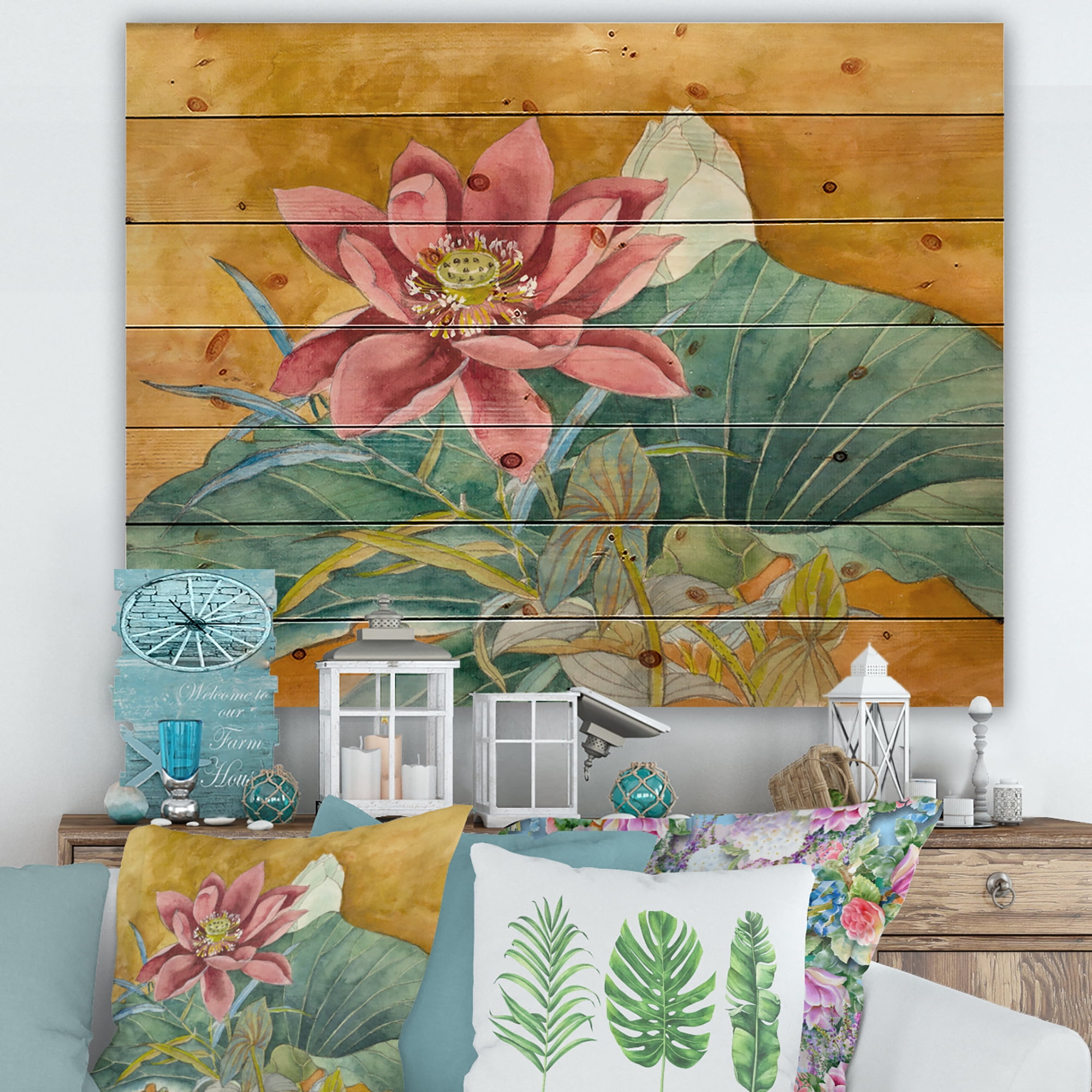 Designart 'Ancient Impression of Pink Lotus' Traditional Print on Natural Pine Wood