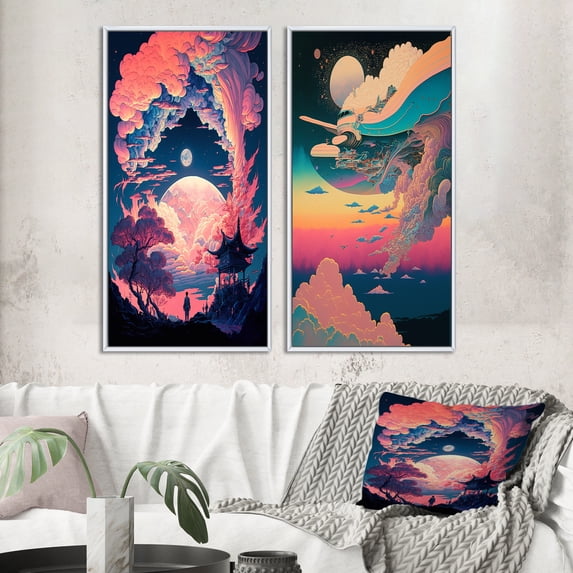 Designart "Ancient Legends Mythical Visions of Magic V" Abstract Landscape Framed Wall Art Set Of 2 - Modern Pink Framed Canvas Set For Living Room Decor