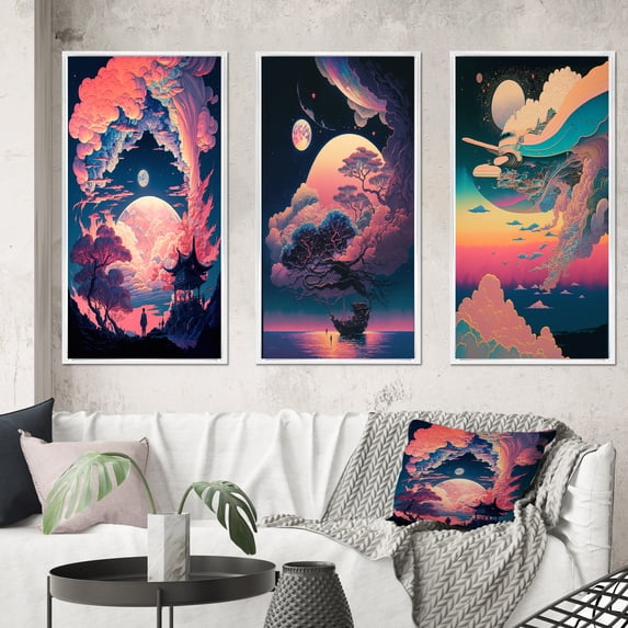 Designart "Ancient Legends Mythical Visions of Magic V" Abstract Landscape Framed Wall Art Set Of 3 - Pink Abstract Landscapes Frame Canvas Set For Living Room Decor