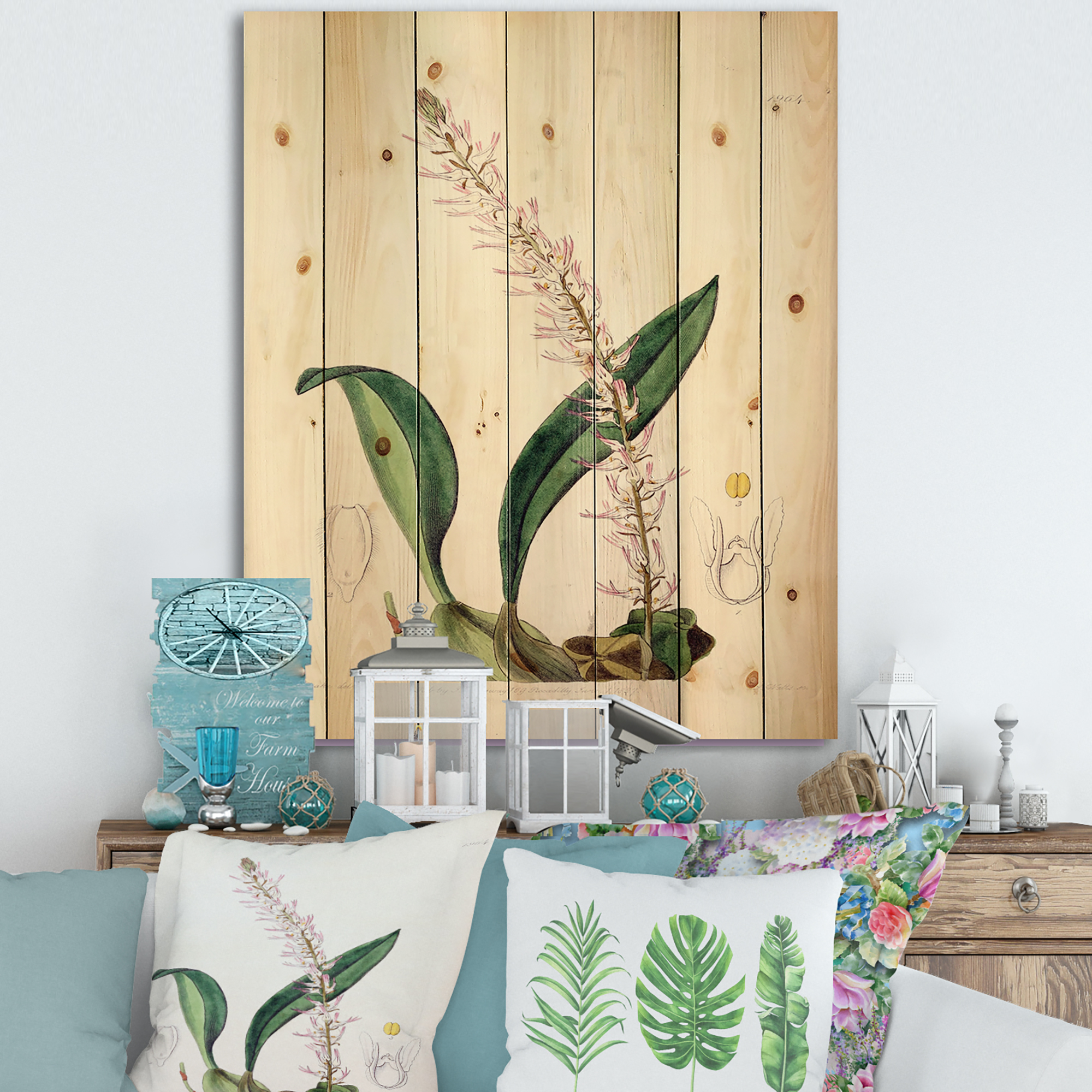 Designart 'Ancient London Plants V' Traditional Print on Natural Pine Wood