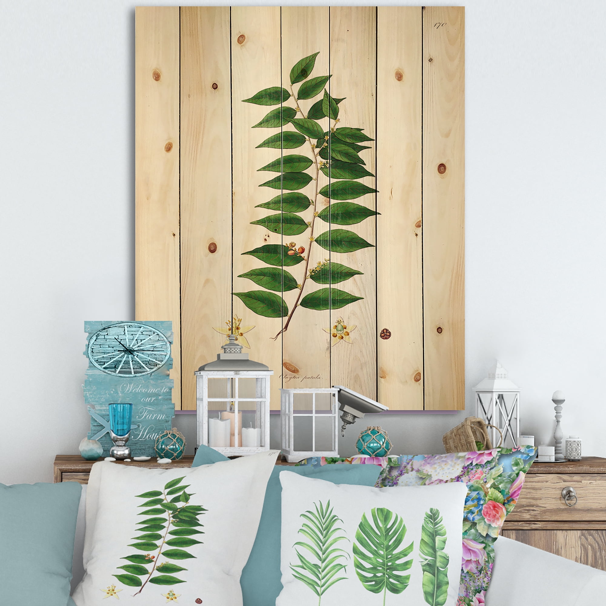 Designart 'Ancient London Plants VI' Farmhouse Print on Natural Pine Wood