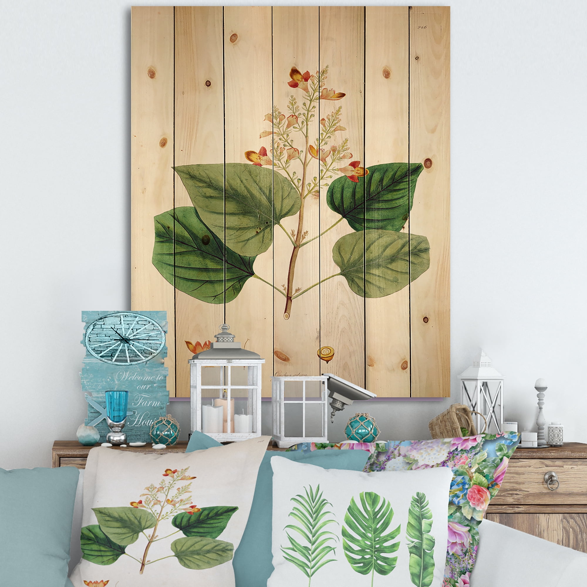 Designart 'Ancient London Plants XII' Farmhouse Print on Natural Pine Wood