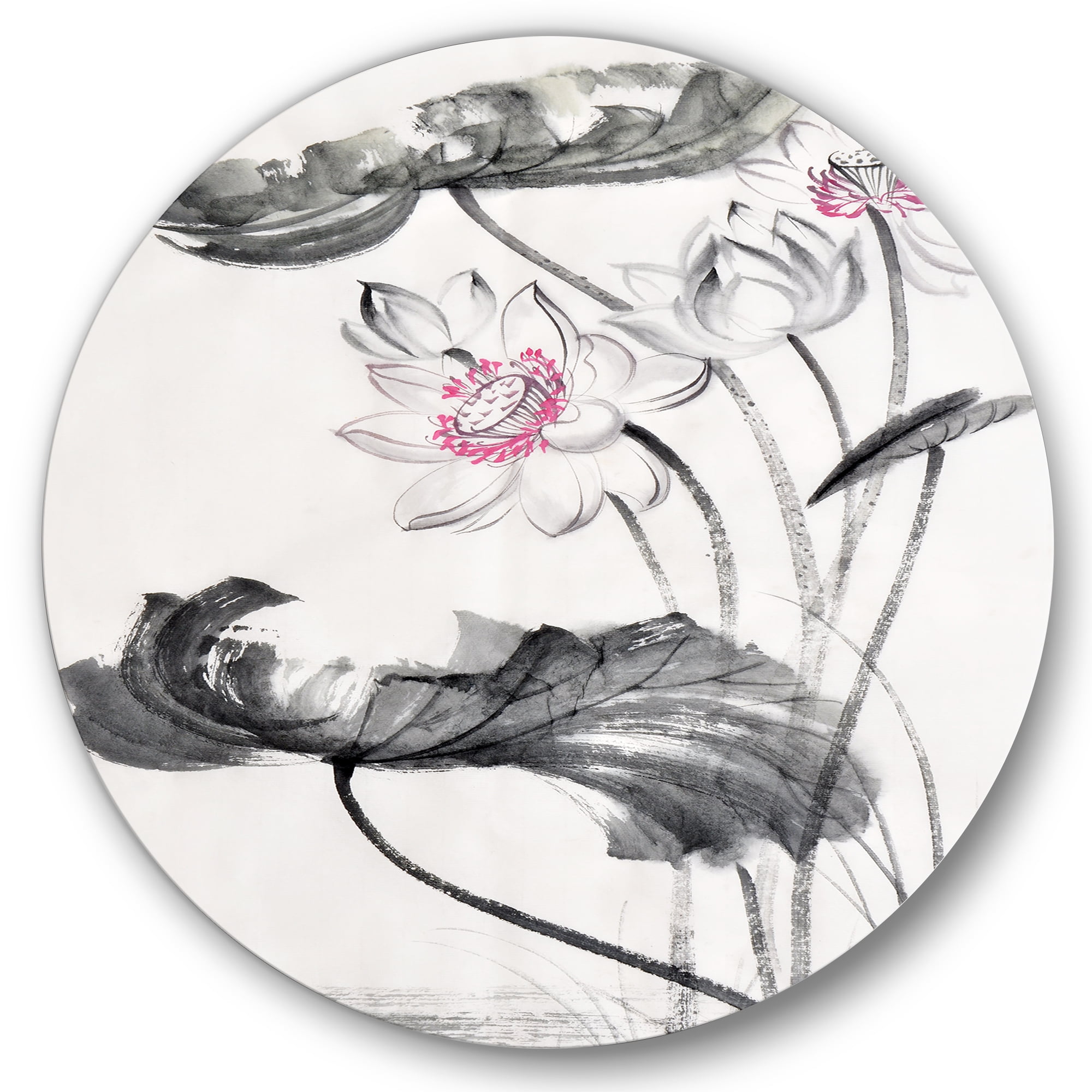 Designart 'Ancient Lotus Flowers' Traditional Circle Metal Wall Art 29x29 - Disc of 29