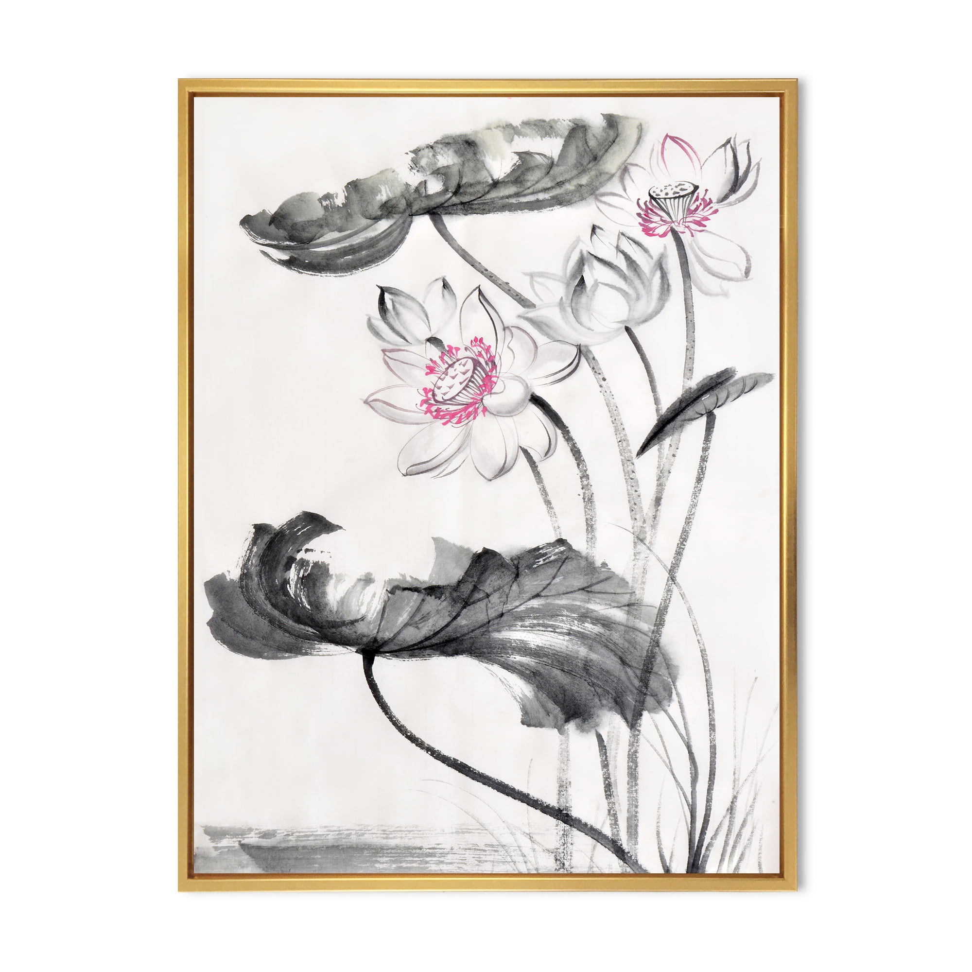 Designart 'Ancient Lotus Flowers' Traditional Framed Canvas Wall Art Print