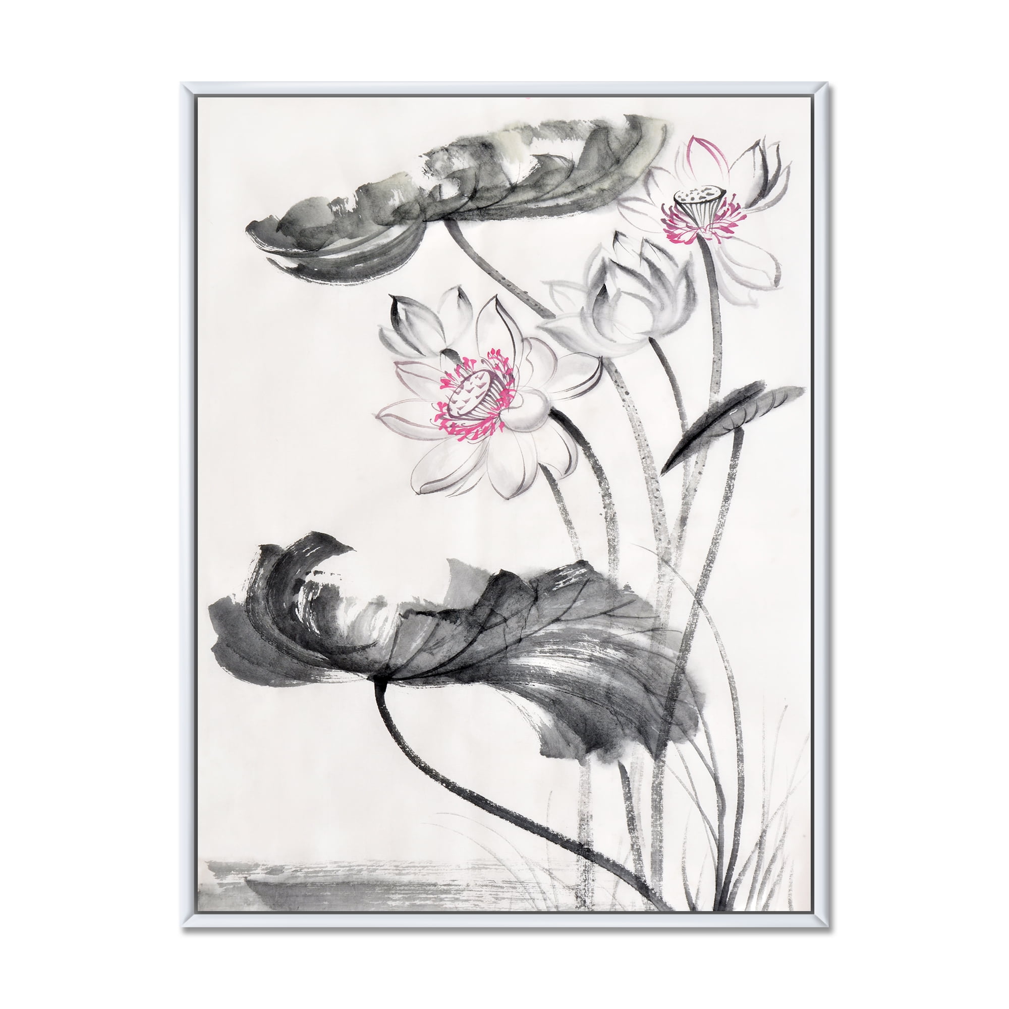 Designart 'Ancient Lotus Flowers' Traditional Framed Canvas Wall Art Print