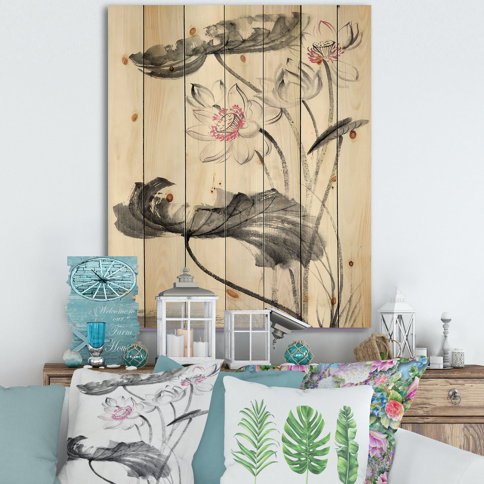 Designart 'Ancient Lotus Flowers' Traditional Print on Natural Pine Wood