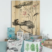 Designart 'Ancient Lotus Flowers' Traditional Print on Natural Pine Wood