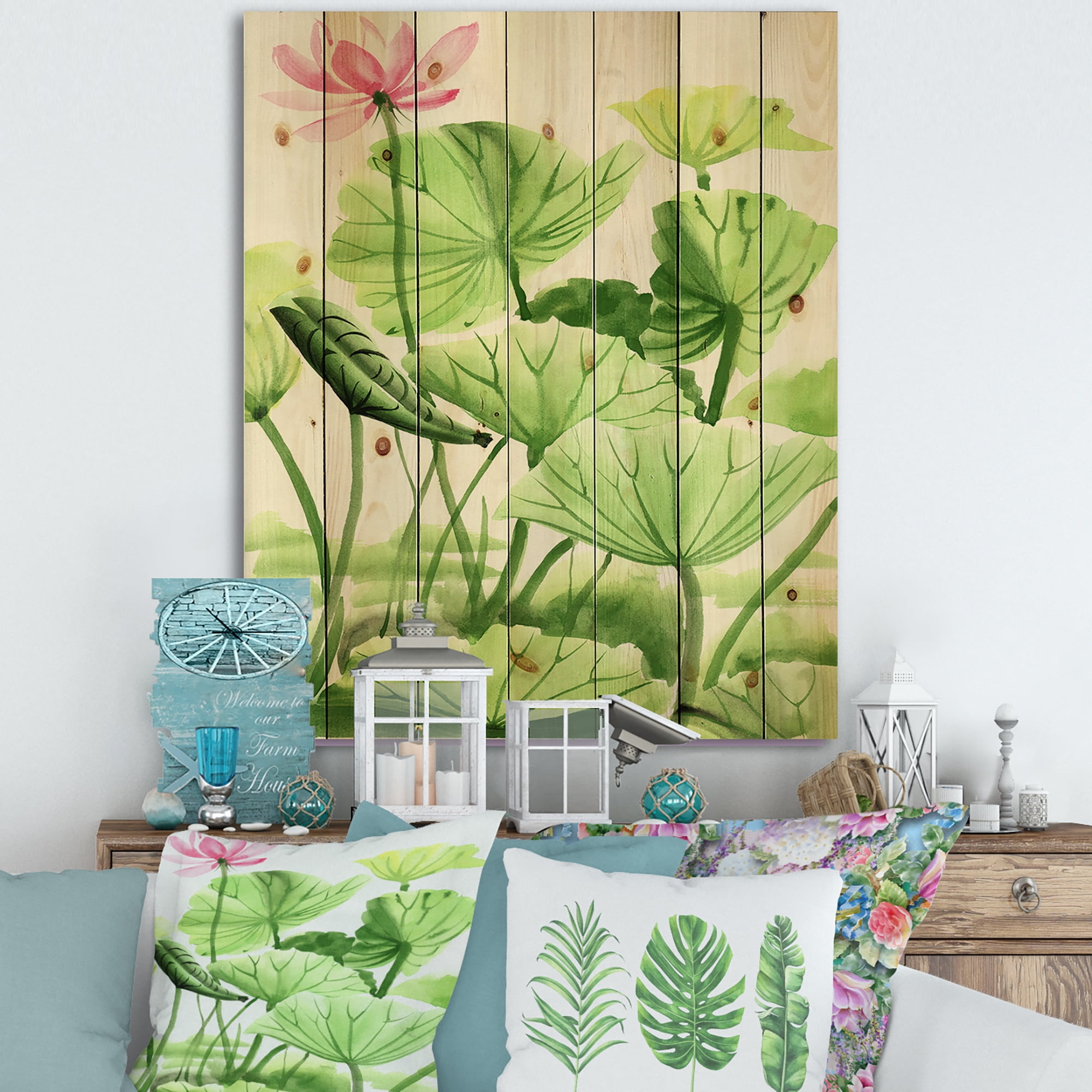 Designart 'Ancient Lotus Leaves In The Pond' Traditional Print on Natural Pine Wood