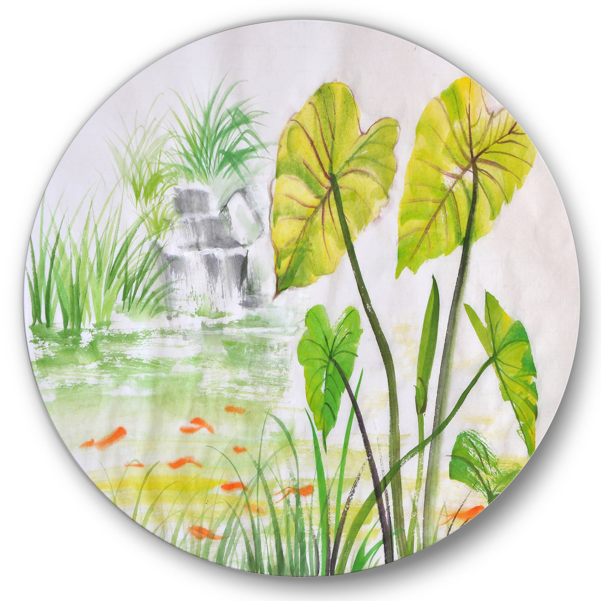 Designart 'Ancient Lotus Pond' Lake House Circle Metal Wall Art 11x11 - Disc of 11