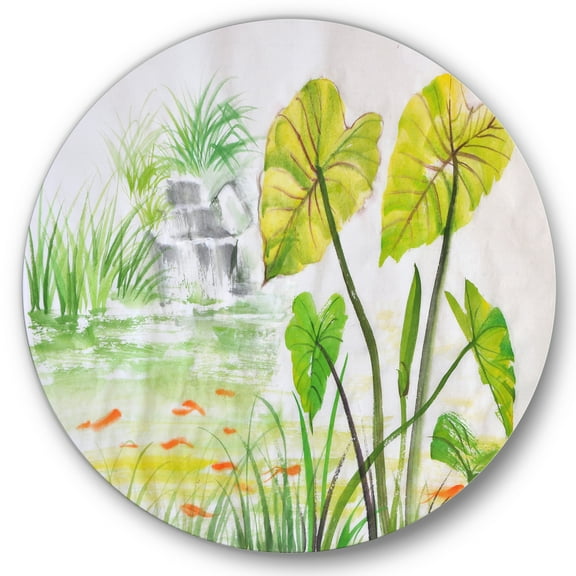 Designart 'Ancient Lotus Pond' Lake House Circle Metal Wall Art 36x36 - Disc of 36