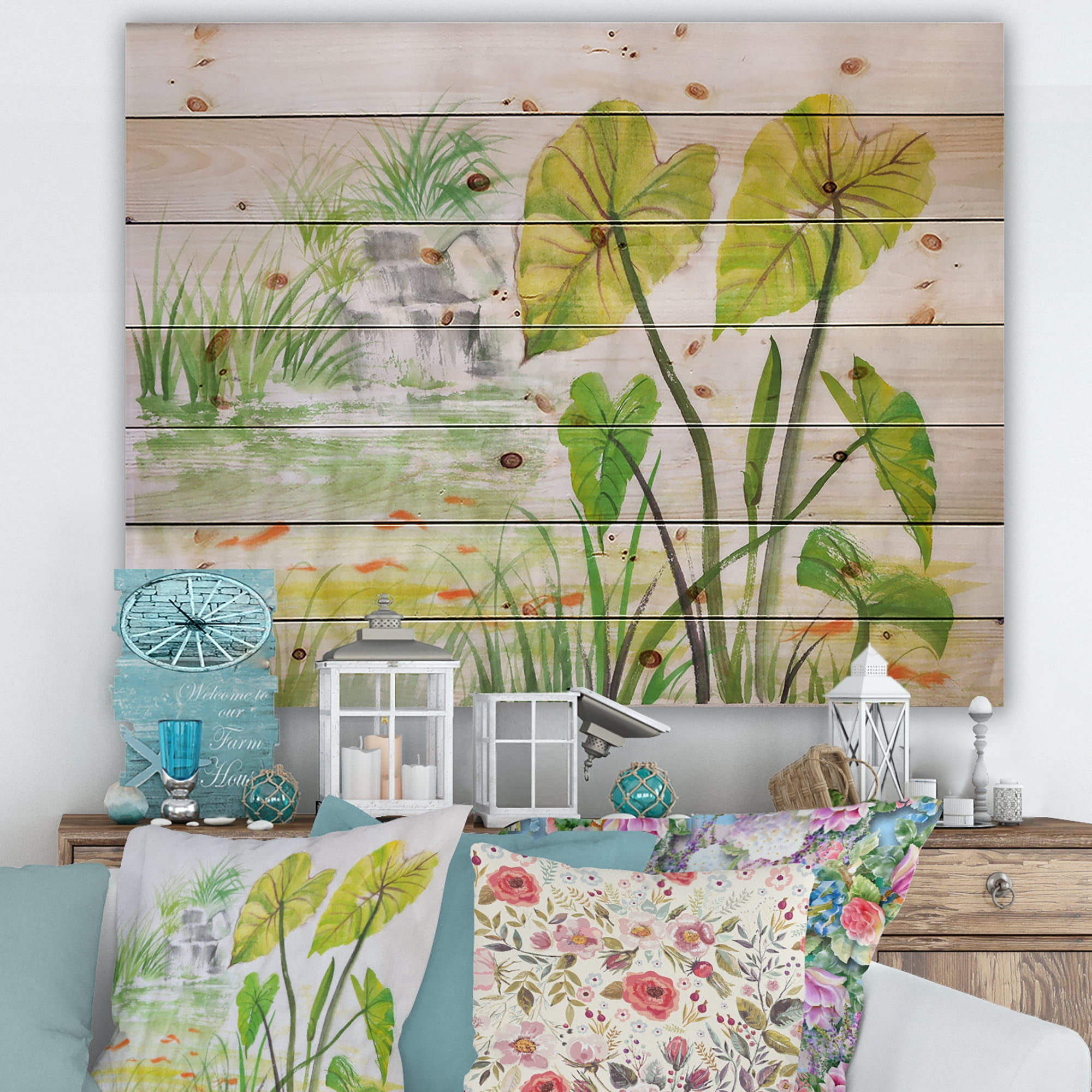 Designart 'Ancient Lotus Pond' Lake House Print on Natural Pine Wood