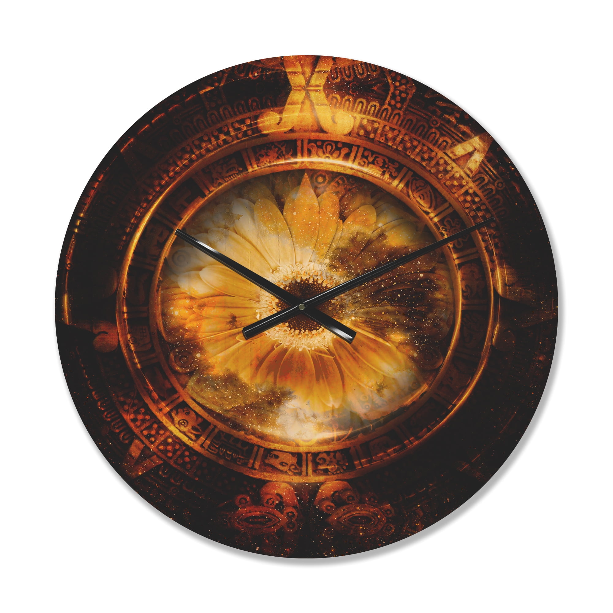 Designart 'Ancient Mayan Calendar Collage With Sunflower' Modern Wood Wall Clock