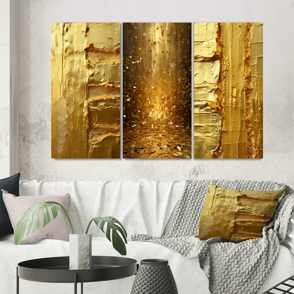 Designart "Ancient Opulence Retro Abstract Gold IV" Abstract Painting Wall Art Set Of 3 - Modern Gold Gallery Wall Set For Home Decor