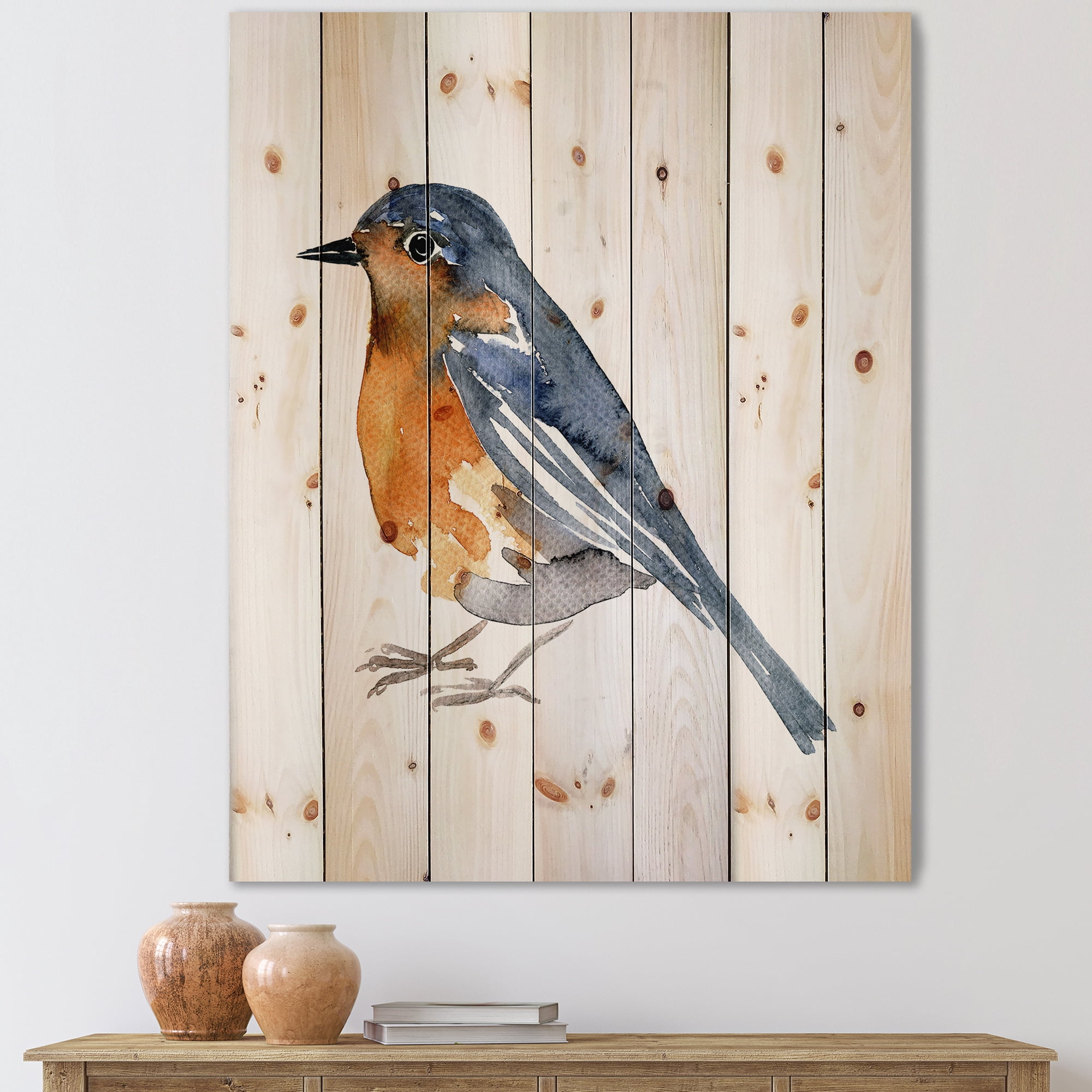 Designart 'Ancient Orange Bird' Traditional Print on Natural Pine Wood