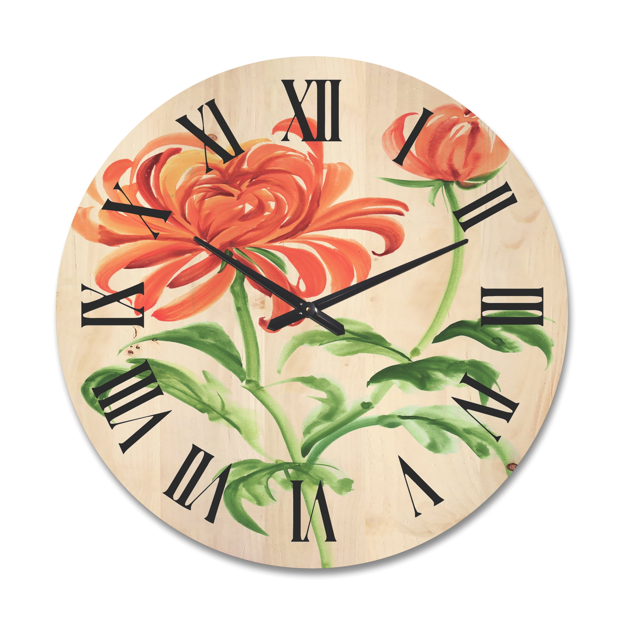 Designart 'Ancient Orange Chrysanthemum Flower' Traditional Wood Wall Clock