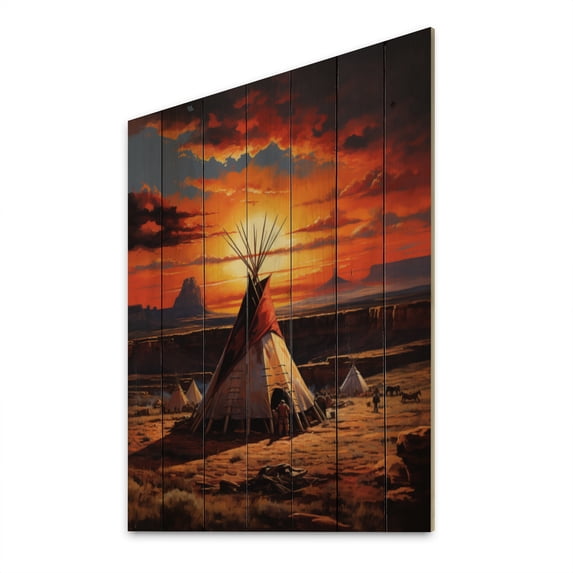 Designart "Ancient Pathways Red Native Tipi Serenity I" Cityscapes Print on Natural Pine Wood