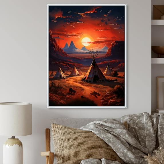 Designart "Ancient Pathways Red Native Tipi Serenity II" Cityscapes Floater Framed Wall Decor