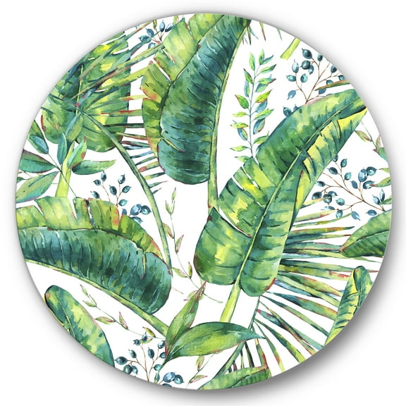 Designart 'Ancient Pattern Of Banana Leaves' Lake House Circle Metal Wall Art 36x36 - Disc of 36