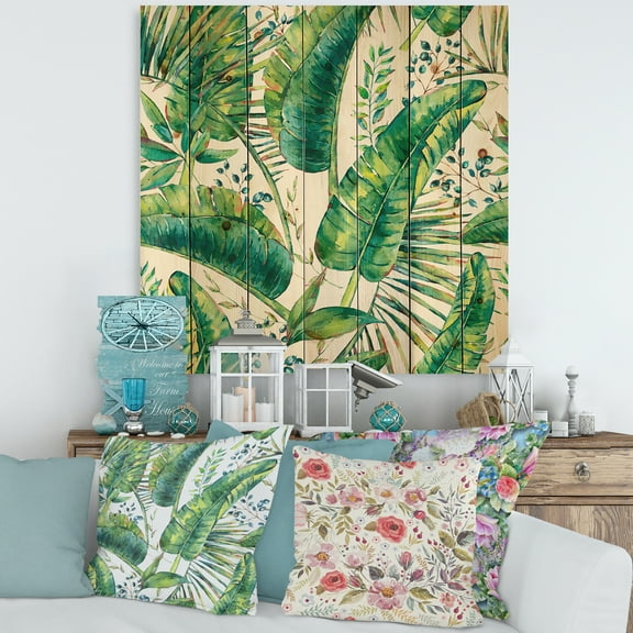 Designart 'Ancient Pattern Of Banana Leaves' Lake House Print on Natural Pine Wood