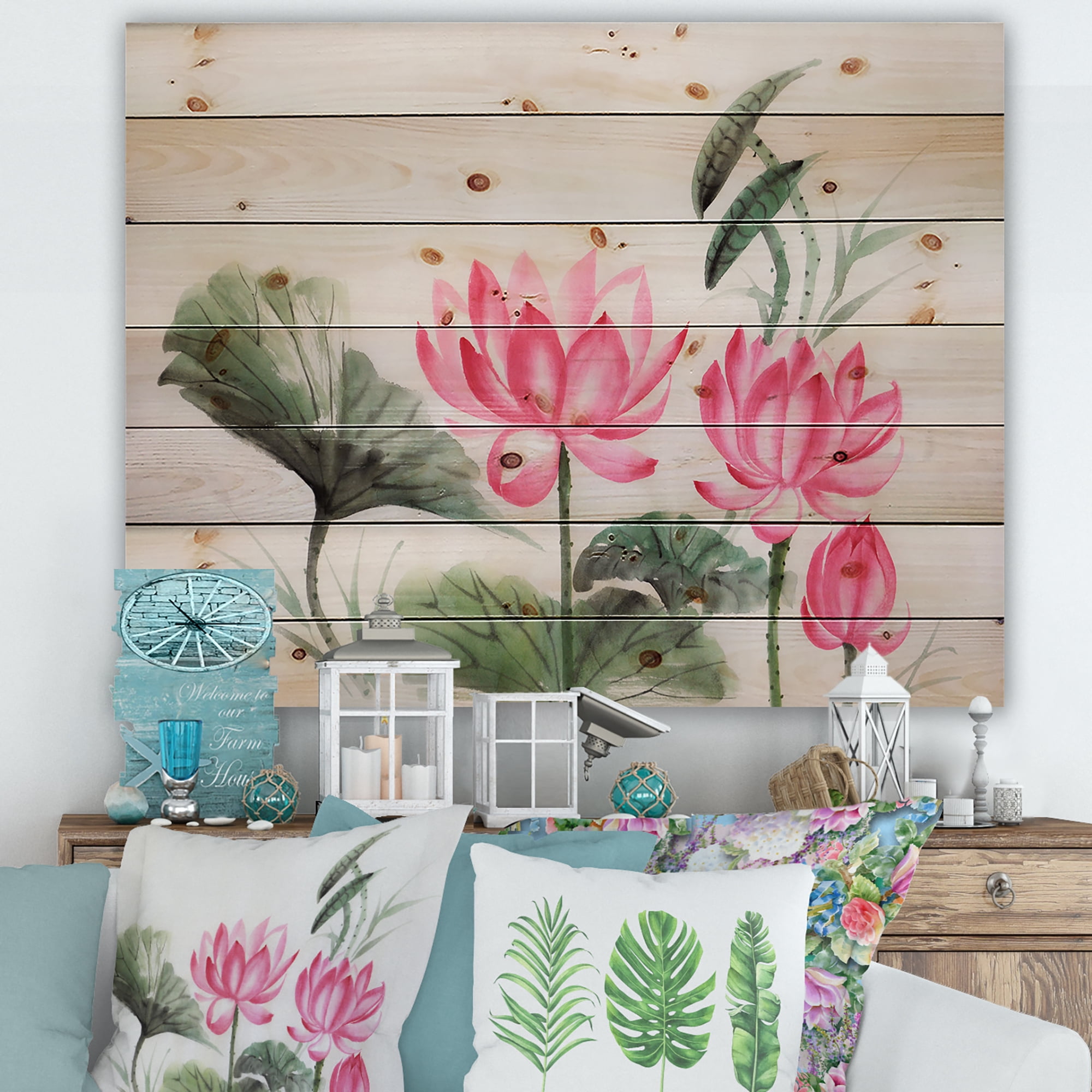 Designart 'Ancient Pink Lotuses In The Pond I' Traditional Print on Natural Pine Wood