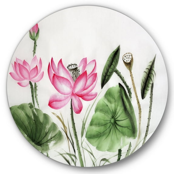Designart 'Ancient Pink Lotuses In The Pond II' Traditional Circle Metal Wall Art 11x11 - Disc of 11