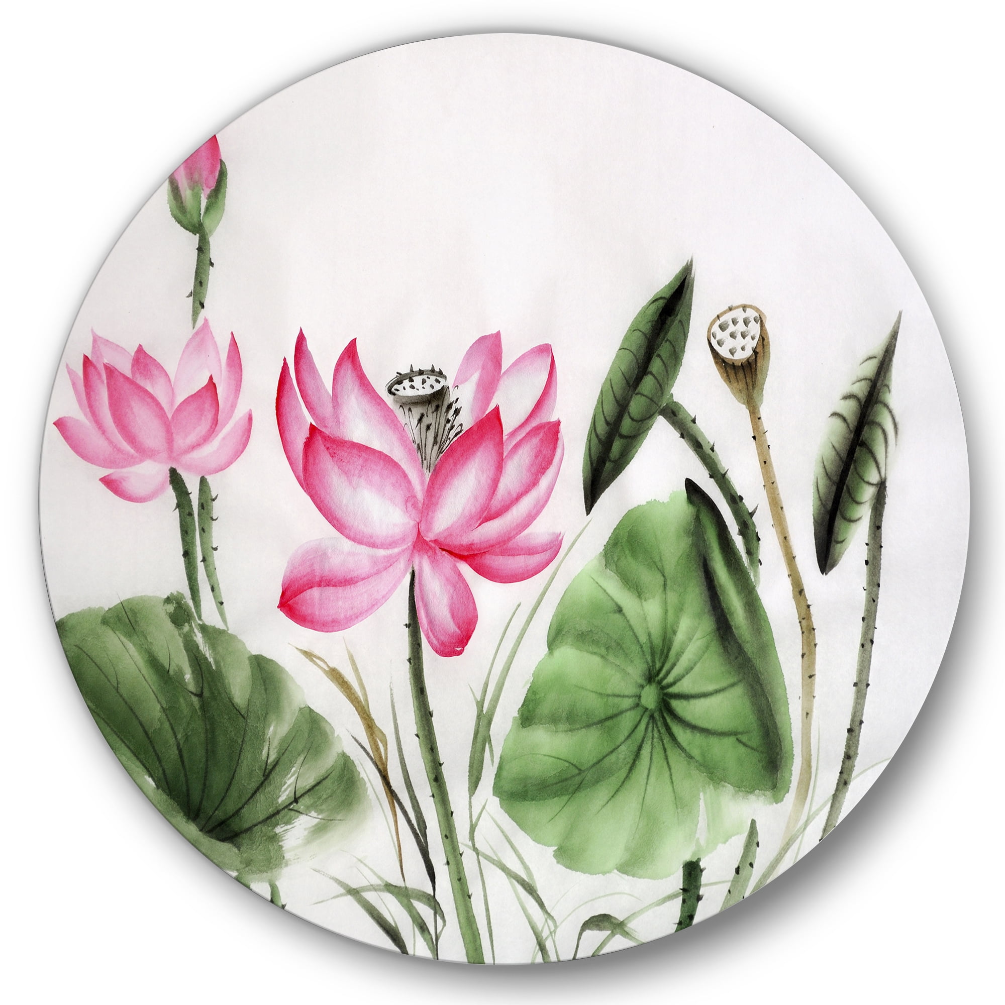 Designart 'Ancient Pink Lotuses In The Pond II' Traditional Circle Metal Wall Art 36x36 - Disc of 36