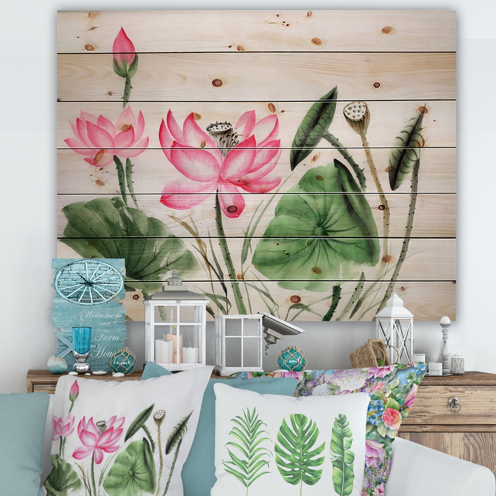 Designart 'Ancient Pink Lotuses In The Pond II' Traditional Print on Natural Pine Wood