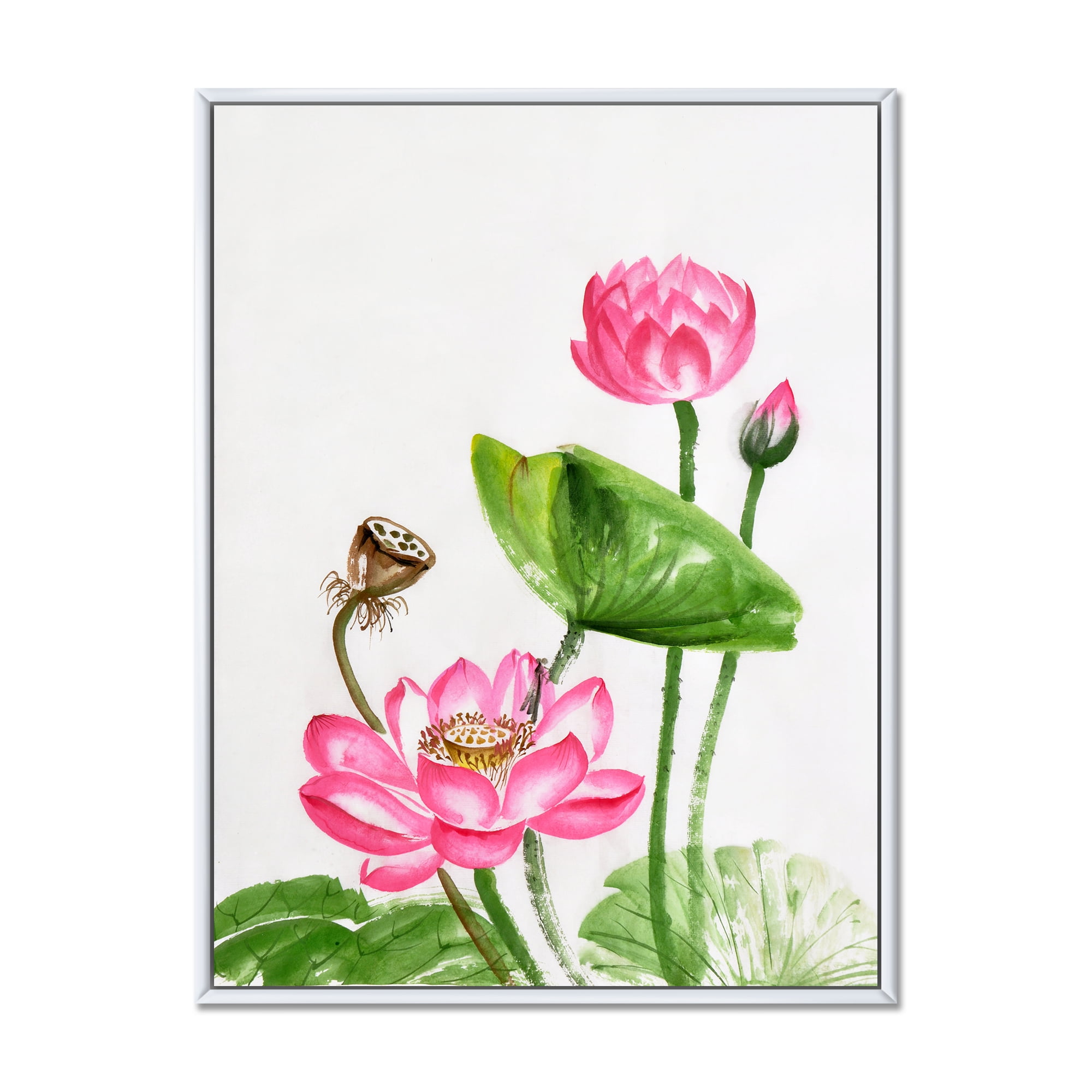 Designart 'Ancient Pink Lotuses In The Pond III' Traditional Framed Canvas Wall Art Print
