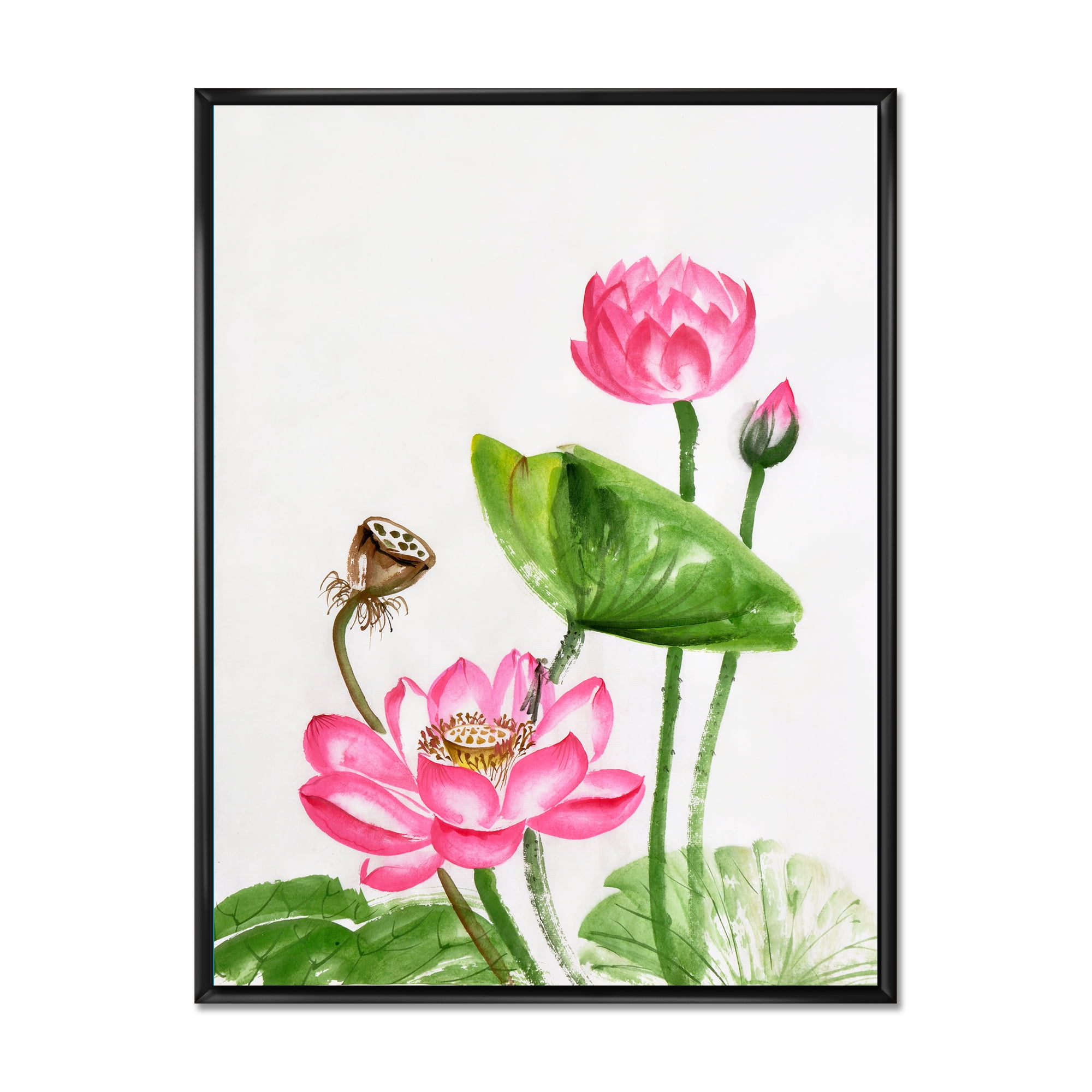 Designart 'Ancient Pink Lotuses In The Pond III' Traditional Framed Canvas Wall Art Print