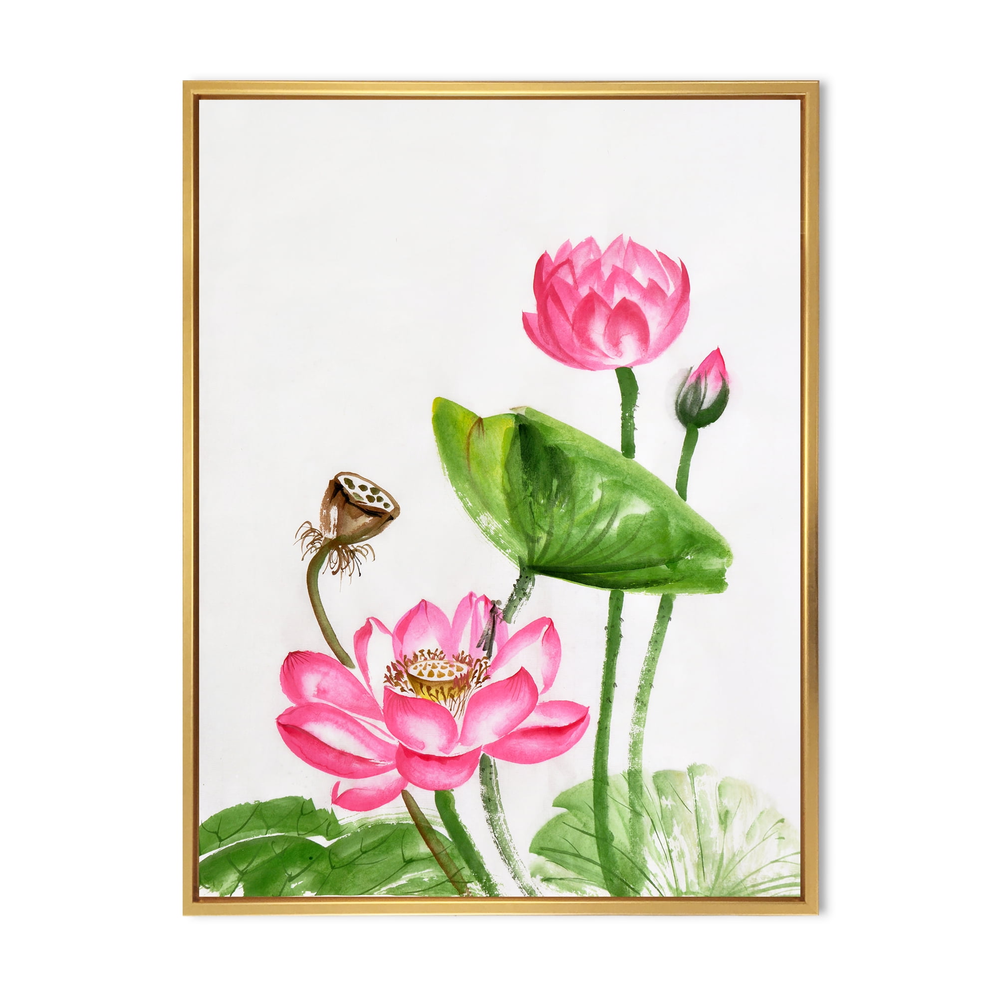 Designart 'Ancient Pink Lotuses In The Pond III' Traditional Framed Canvas Wall Art Print