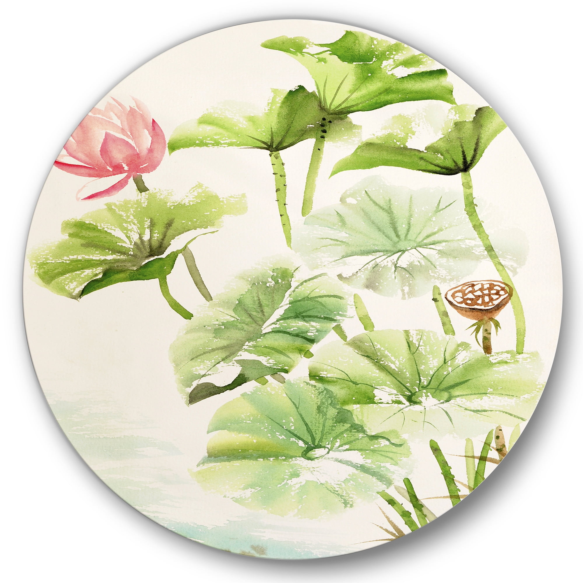 Designart 'Ancient Pink Lotuses In The Pond IV' Traditional Circle Metal Wall Art 23x23 - Disc of 23