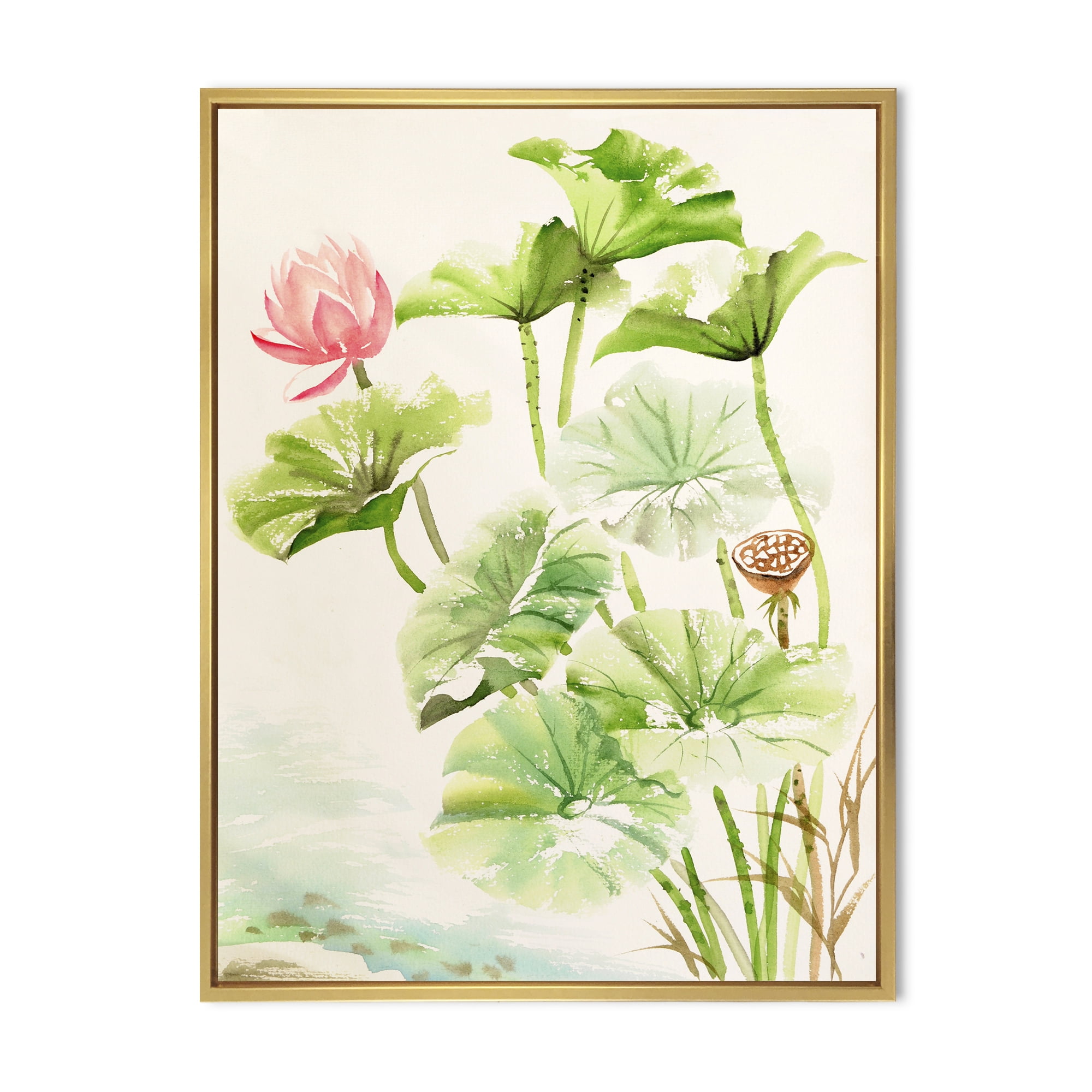 Designart 'Ancient Pink Lotuses In The Pond IV' Traditional Framed Canvas Wall Art Print