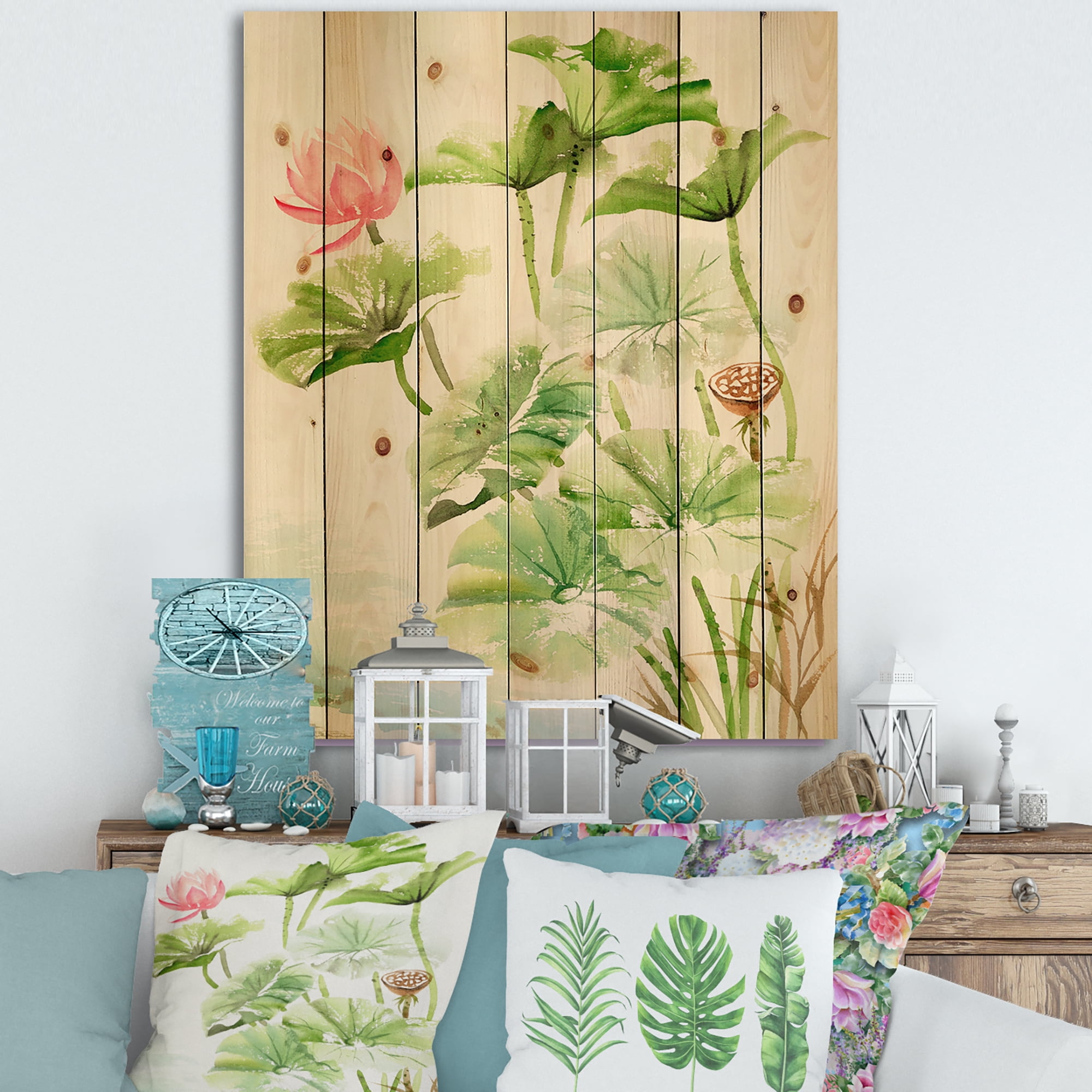 Designart 'Ancient Pink Lotuses In The Pond IV' Traditional Print on Natural Pine Wood