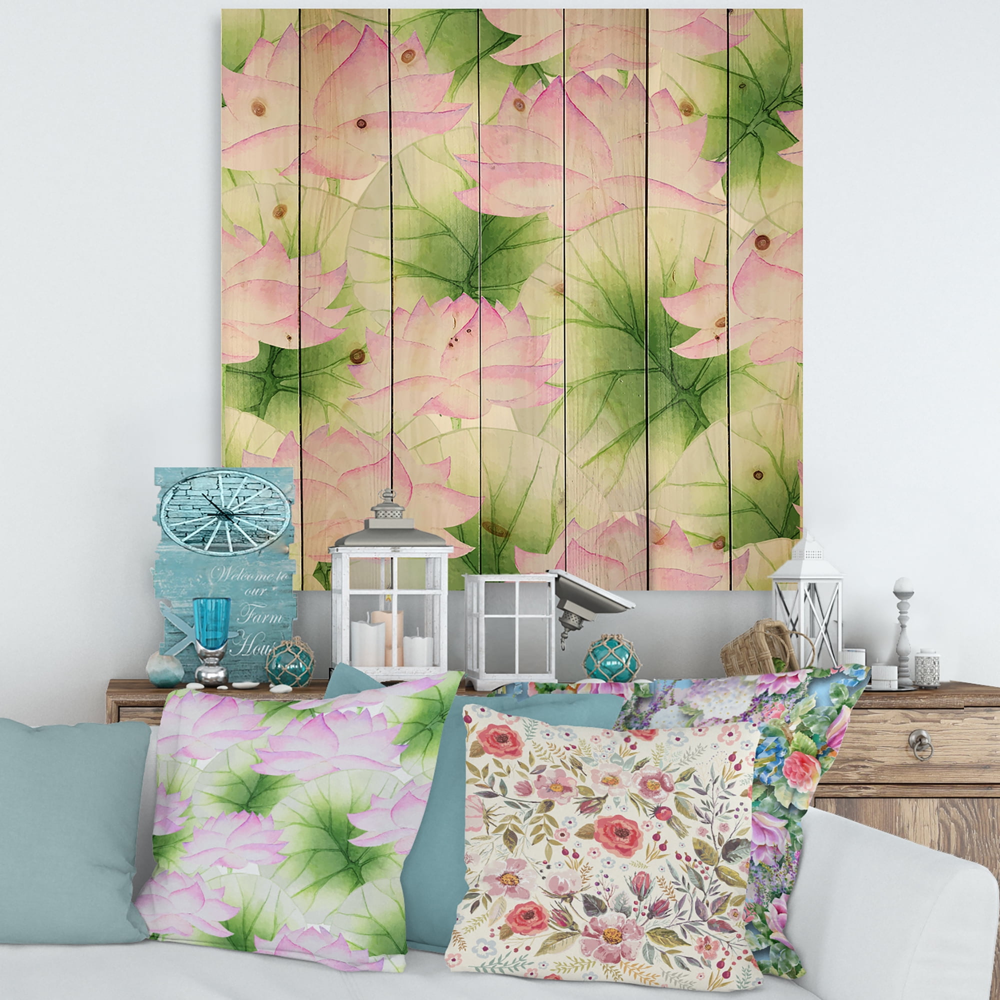 Designart 'Ancient Pink Lotuses In The Pond IX' Traditional Print on Natural Pine Wood