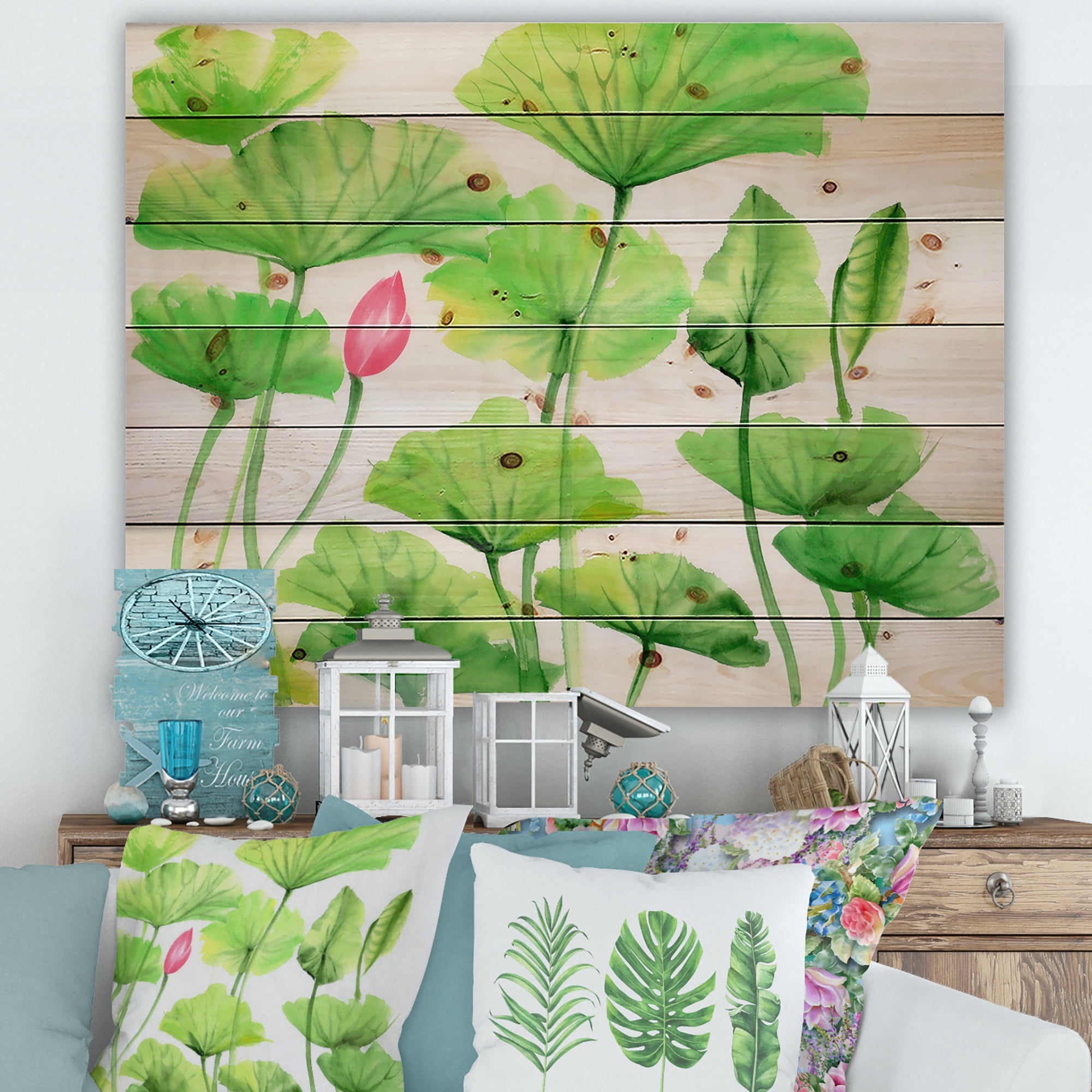 Designart 'Ancient Pink Lotuses In The Pond VIII' Traditional Print on Natural Pine Wood