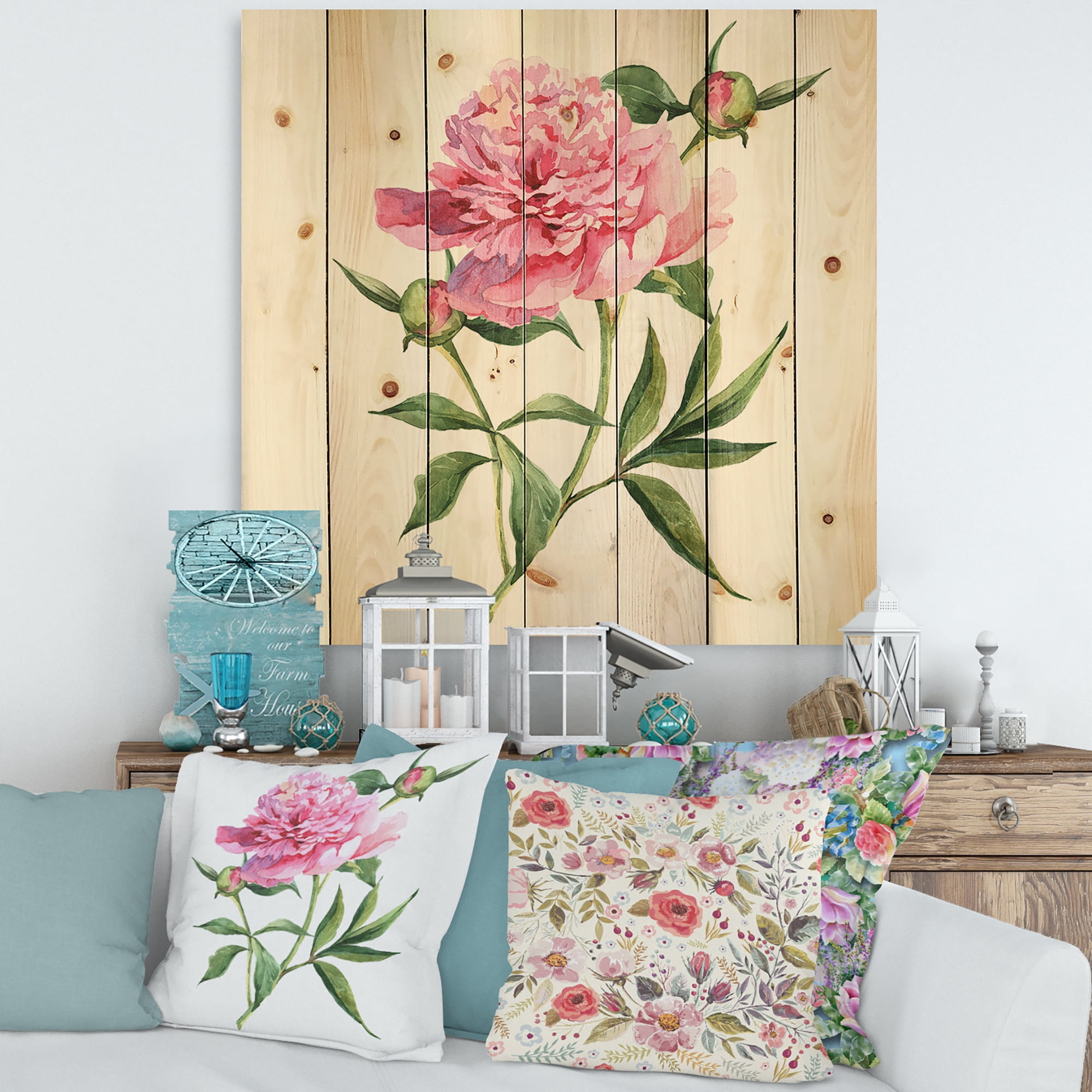 Designart 'Ancient Pink Peonies' Traditional Print on Natural Pine Wood