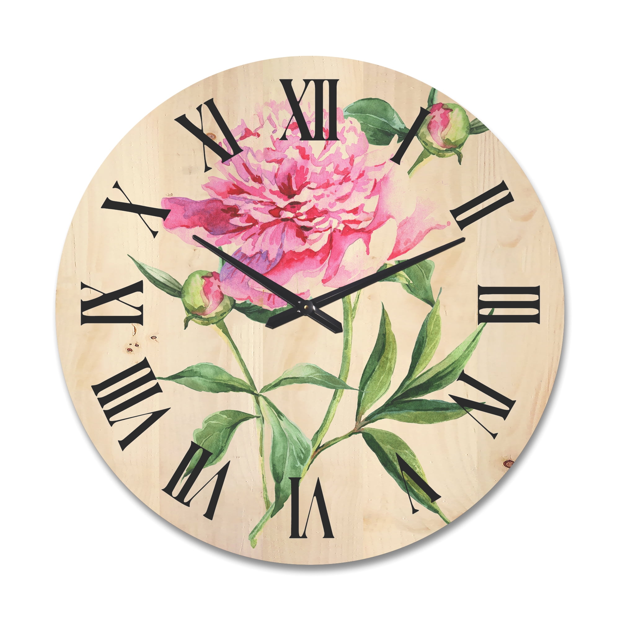 Designart 'Ancient Pink Peonies' Traditional Wood Wall Clock