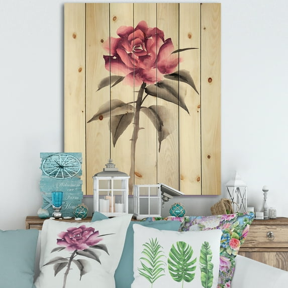 Designart 'Ancient Pink Rose Flower' Traditional Print on Natural Pine Wood