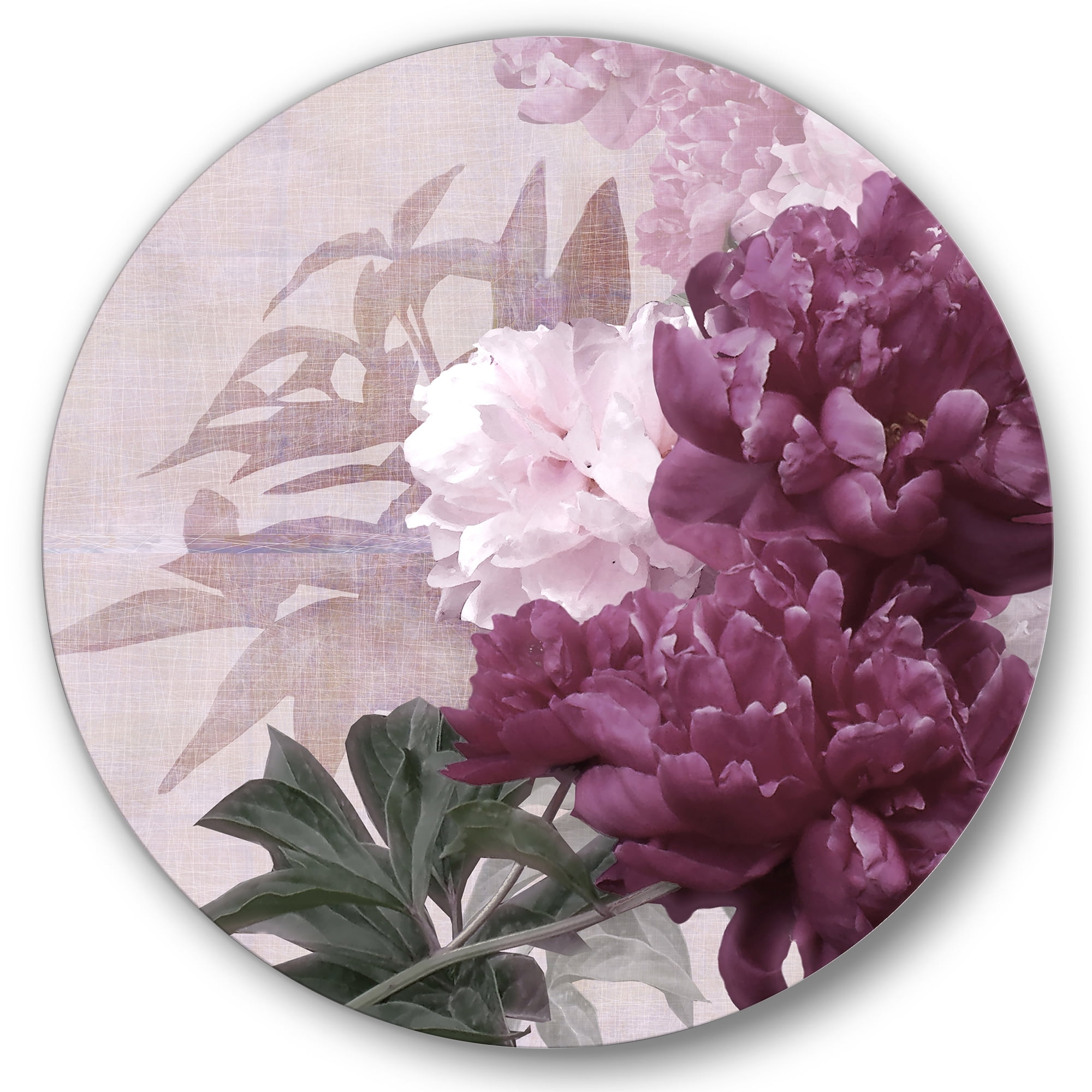 Designart 'Ancient Pink and Purple Flowers I' Traditional Circle Metal Wall Art 11x11 - Disc of 11