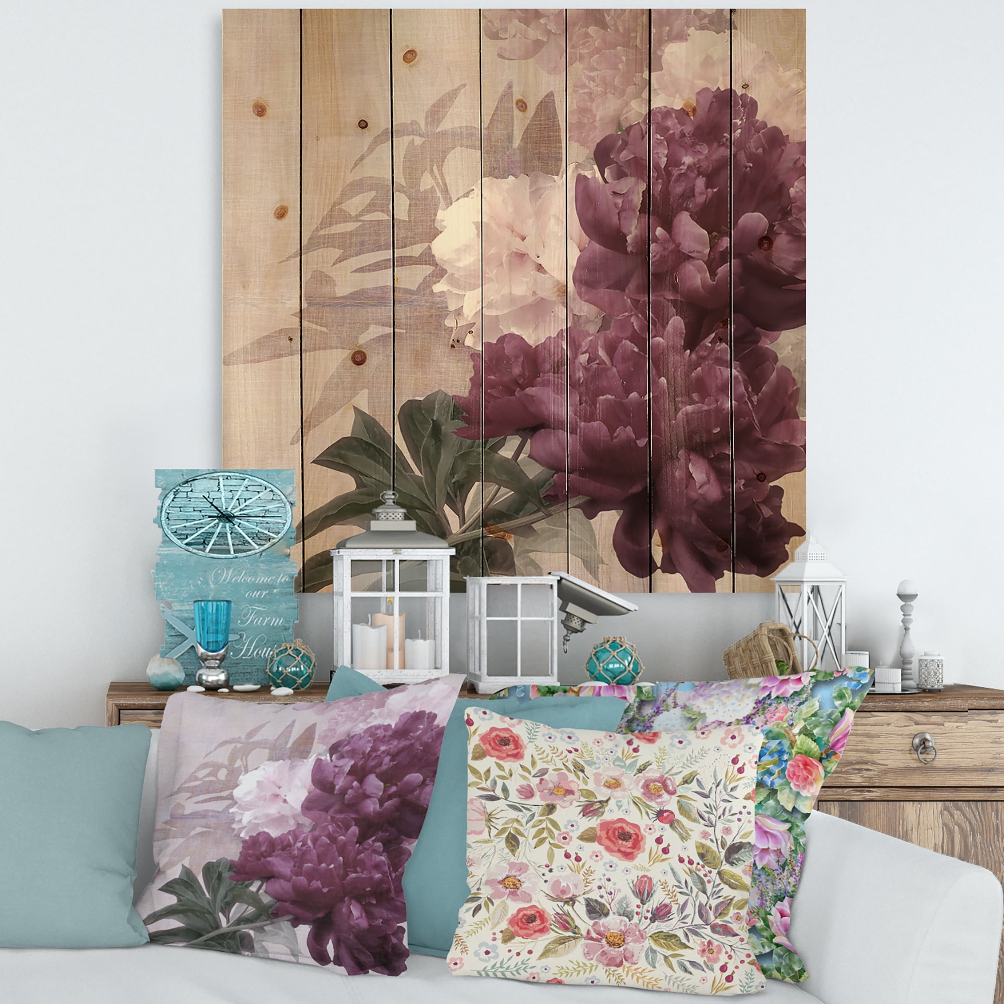 Designart 'Ancient Pink and Purple Flowers I' Traditional Print on Natural Pine Wood