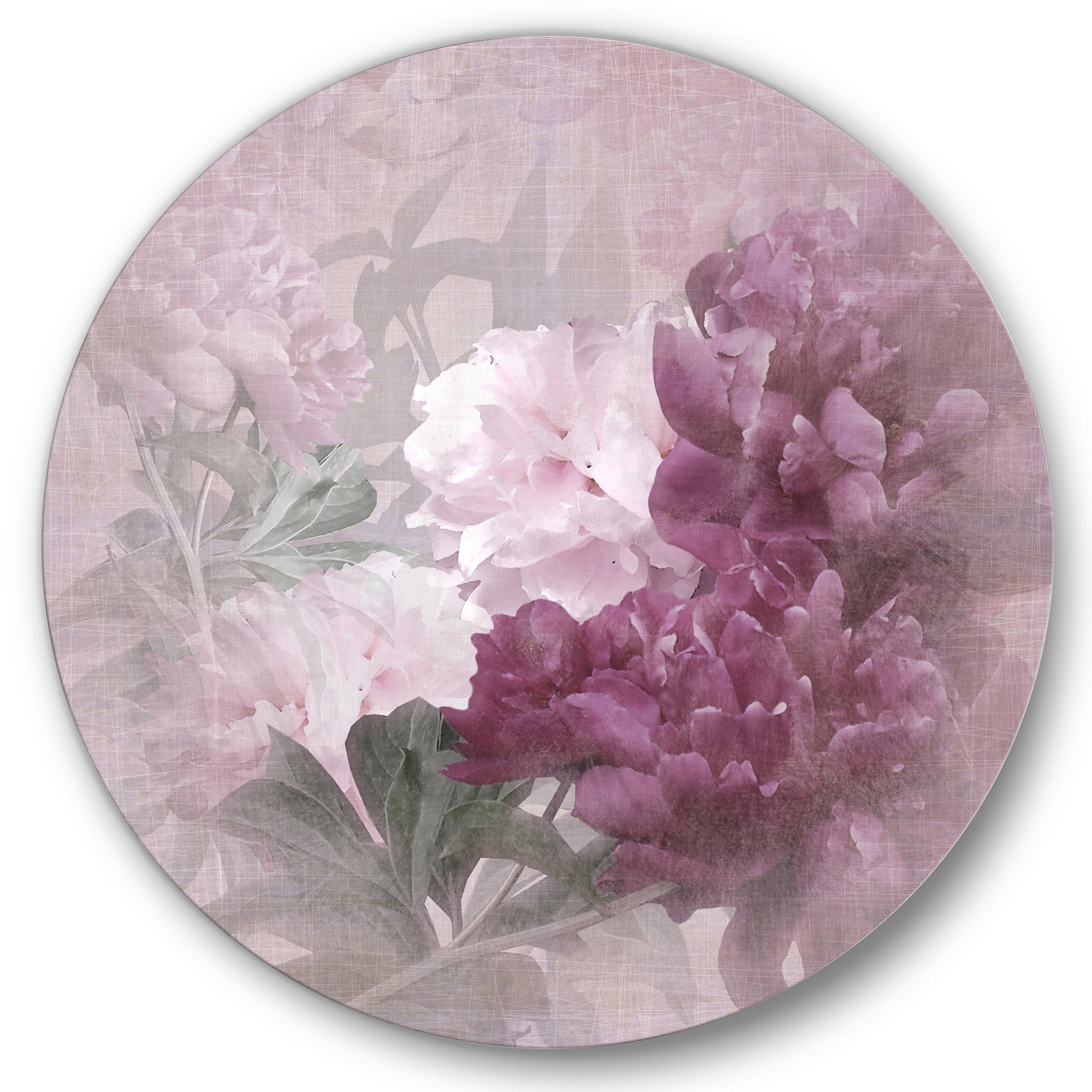 Designart 'Ancient Pink and Purple Flowers II' Traditional Circle Metal Wall Art 23x23 - Disc of 23