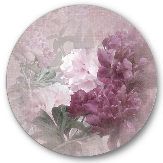 Designart 'Ancient Pink and Purple Flowers II' Traditional Circle Metal Wall Art 29x29 - Disc of 29