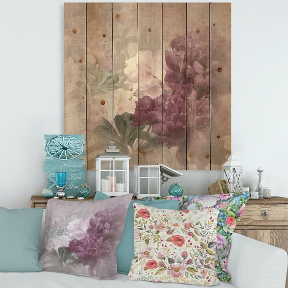 Designart 'Ancient Pink and Purple Flowers II' Traditional Print on Natural Pine Wood