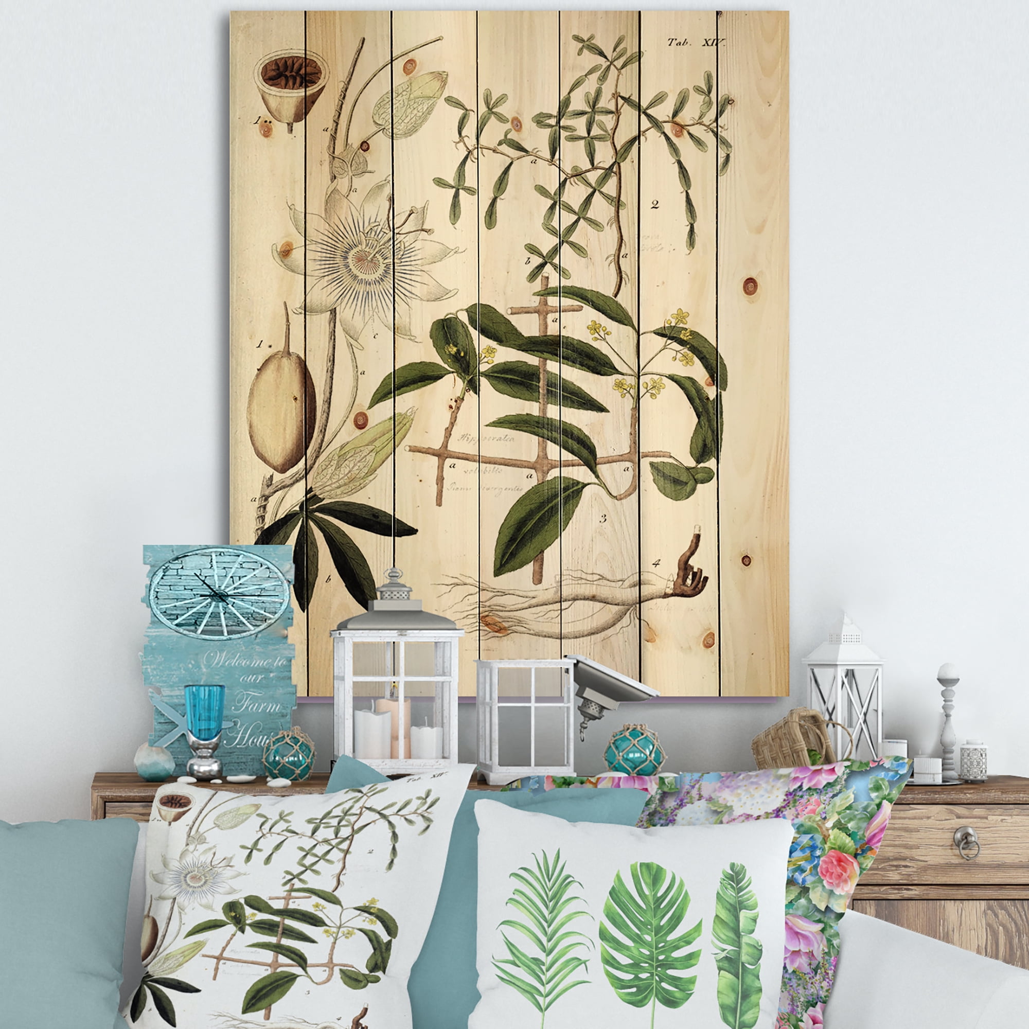 Designart 'Ancient Plant Life IV' Farmhouse Print on Natural Pine Wood