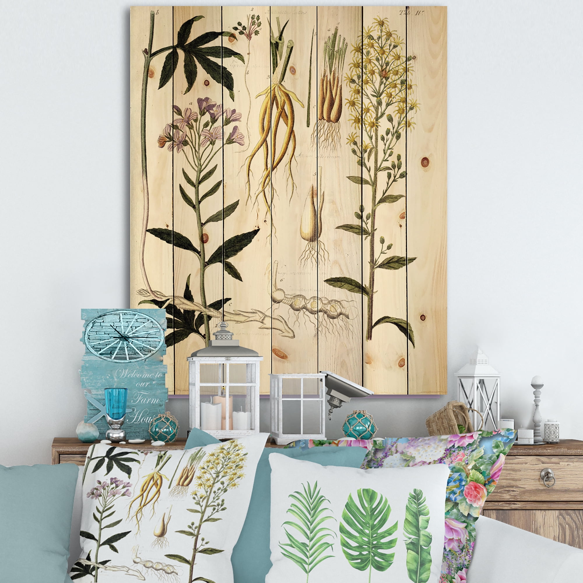 Designart 'Ancient Plant Life VIII' Farmhouse Print on Natural Pine Wood
