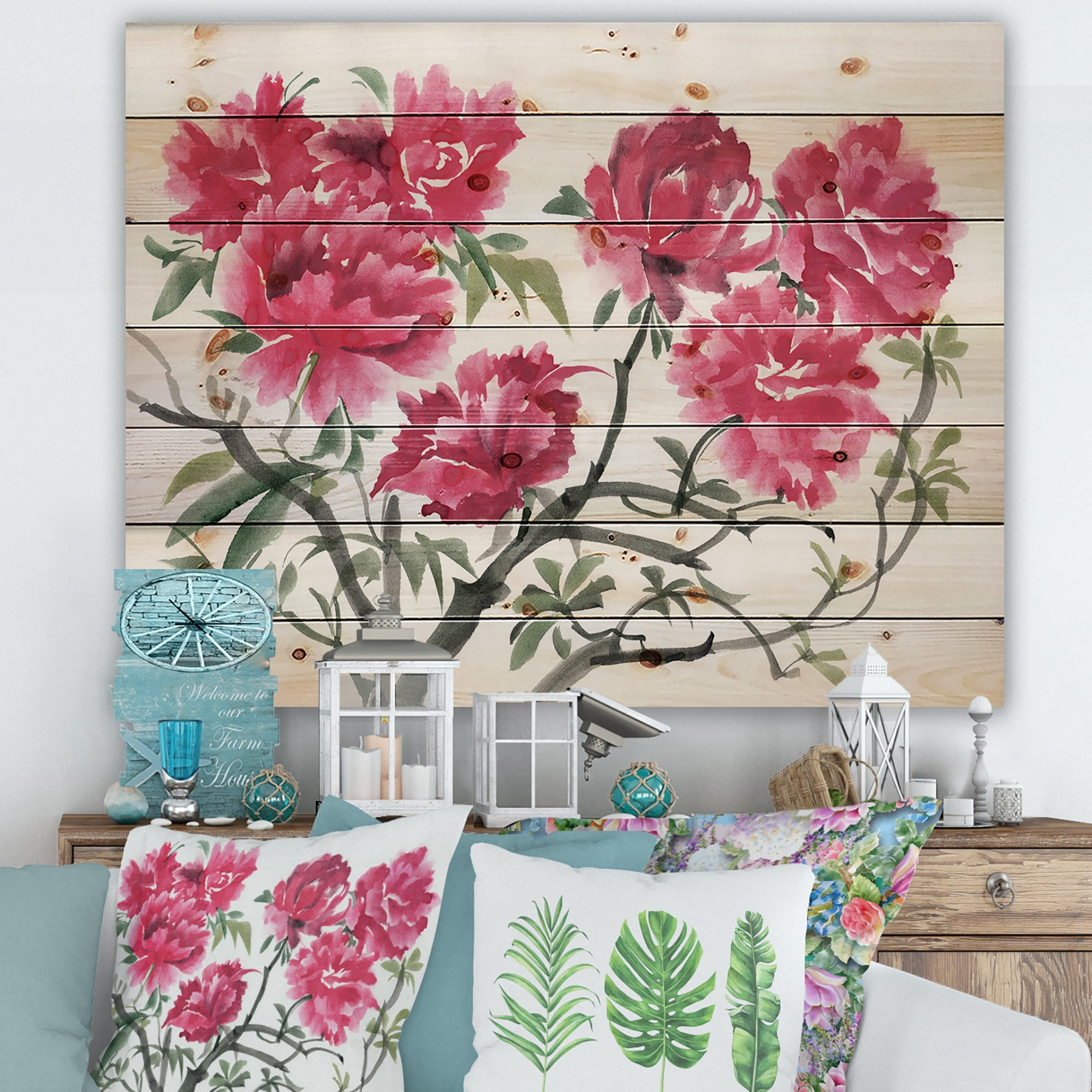 Designart 'Ancient Purple Azalea Flower' Traditional Print on Natural Pine Wood