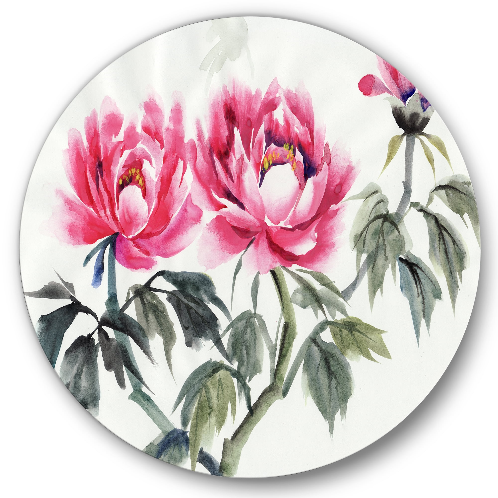 Designart 'Ancient Purple Peonies Branch' Traditional Circle Metal Wall Art 23x23 - Disc of 23