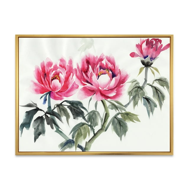 Designart 'Ancient Purple Peonies Branch' Traditional Framed Canvas Wall Art Print