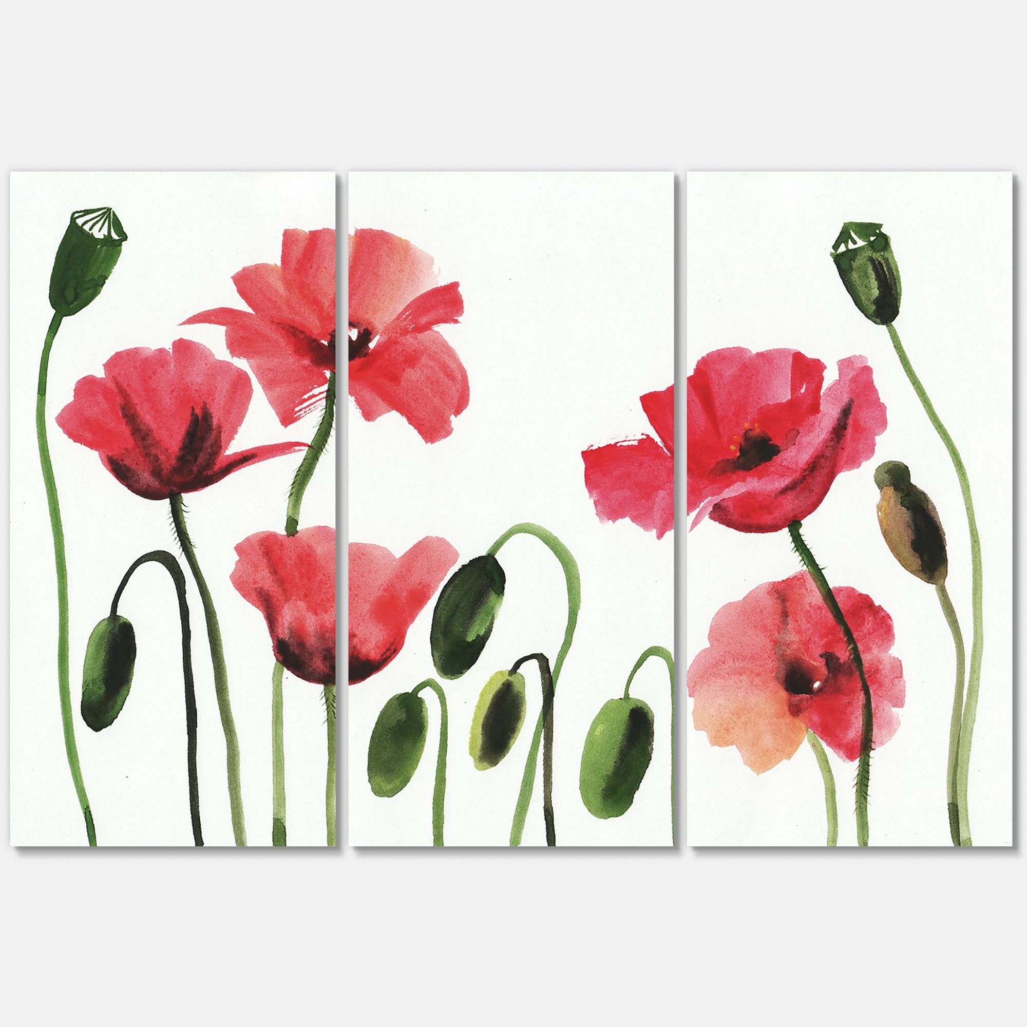 Designart ' Ancient Red Blooming Poppies ' Traditional Canvas Wall Art Print